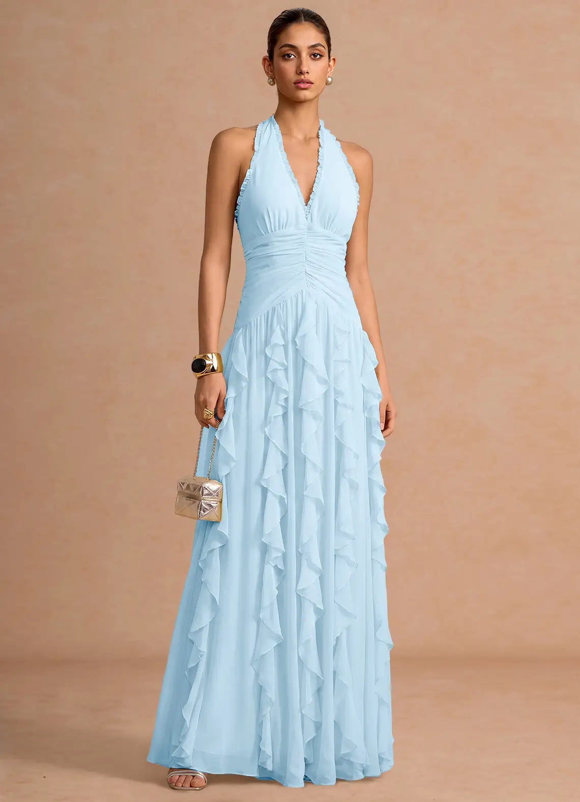 Light Blue Halter V Neck Ruched Ruffle Chiffon Open Back Maxi Bridesmaid Dress