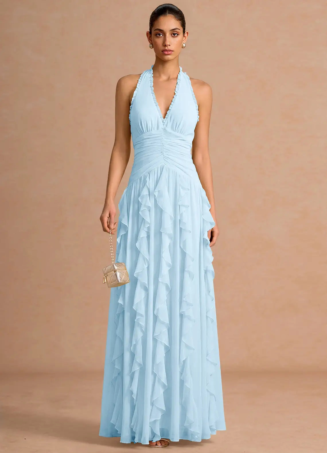 Light Blue Halter V Neck Ruched Ruffle Chiffon Open Back Maxi Bridesmaid Dress