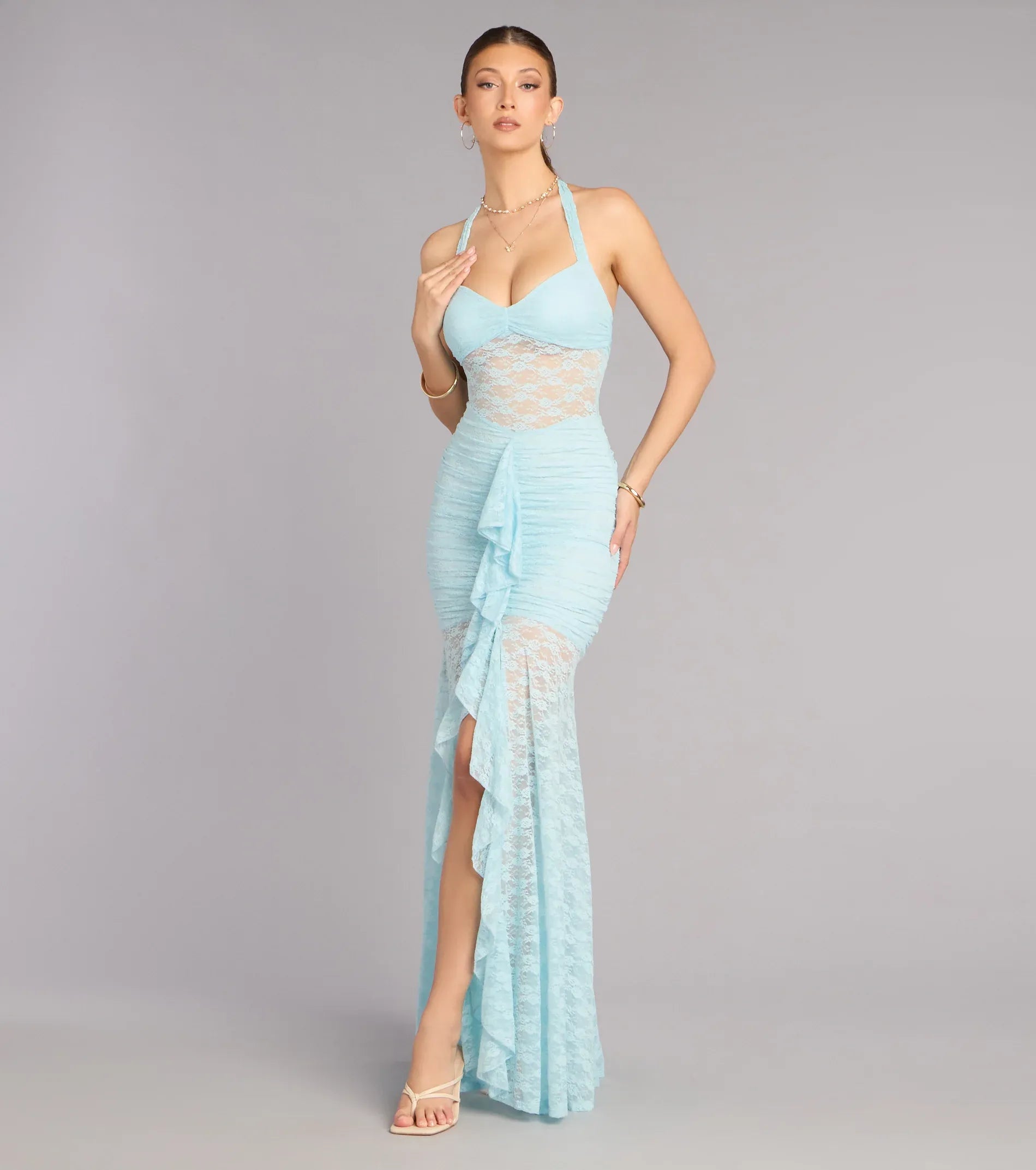 Light Blue Halter V Sheer Lace Ruched Ruffle High Slit Mermaid Maxi Wedding Guest Dress