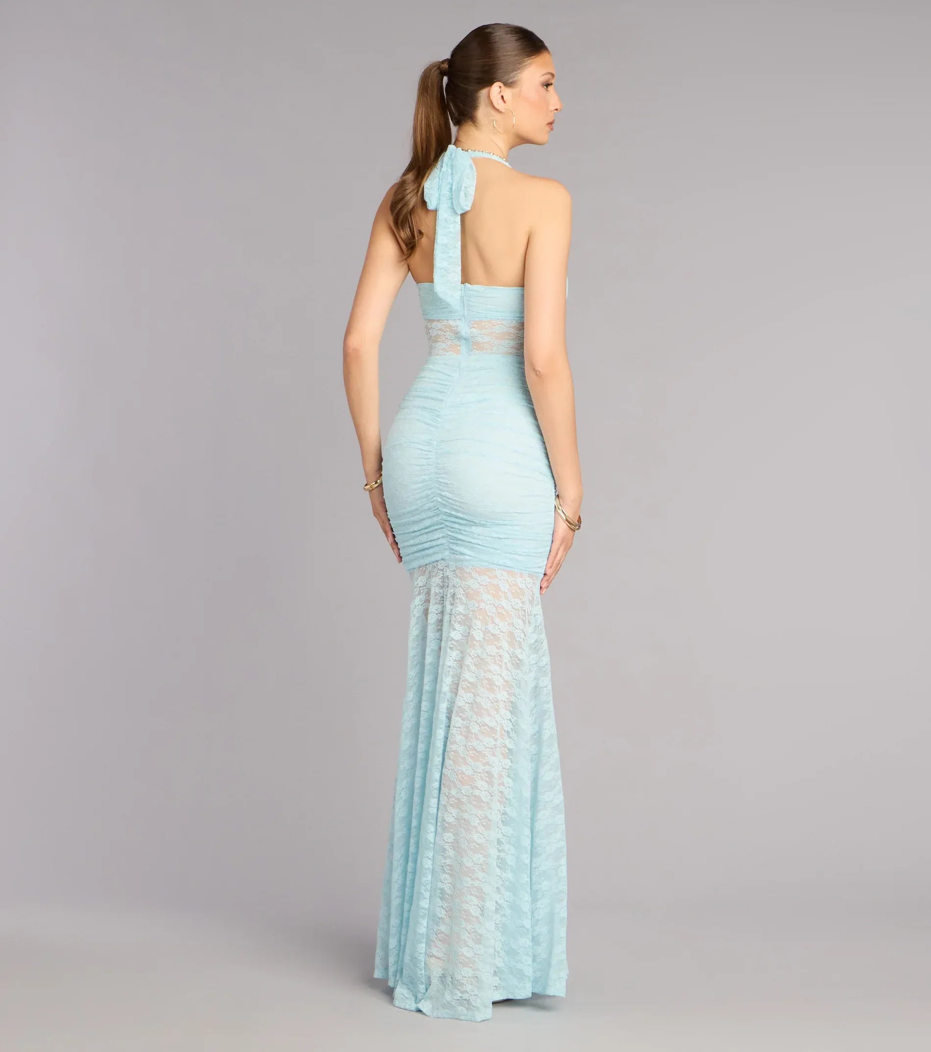 Light Blue Halter V Sheer Lace Ruched Ruffle High Slit Mermaid Maxi Wedding Guest Dress