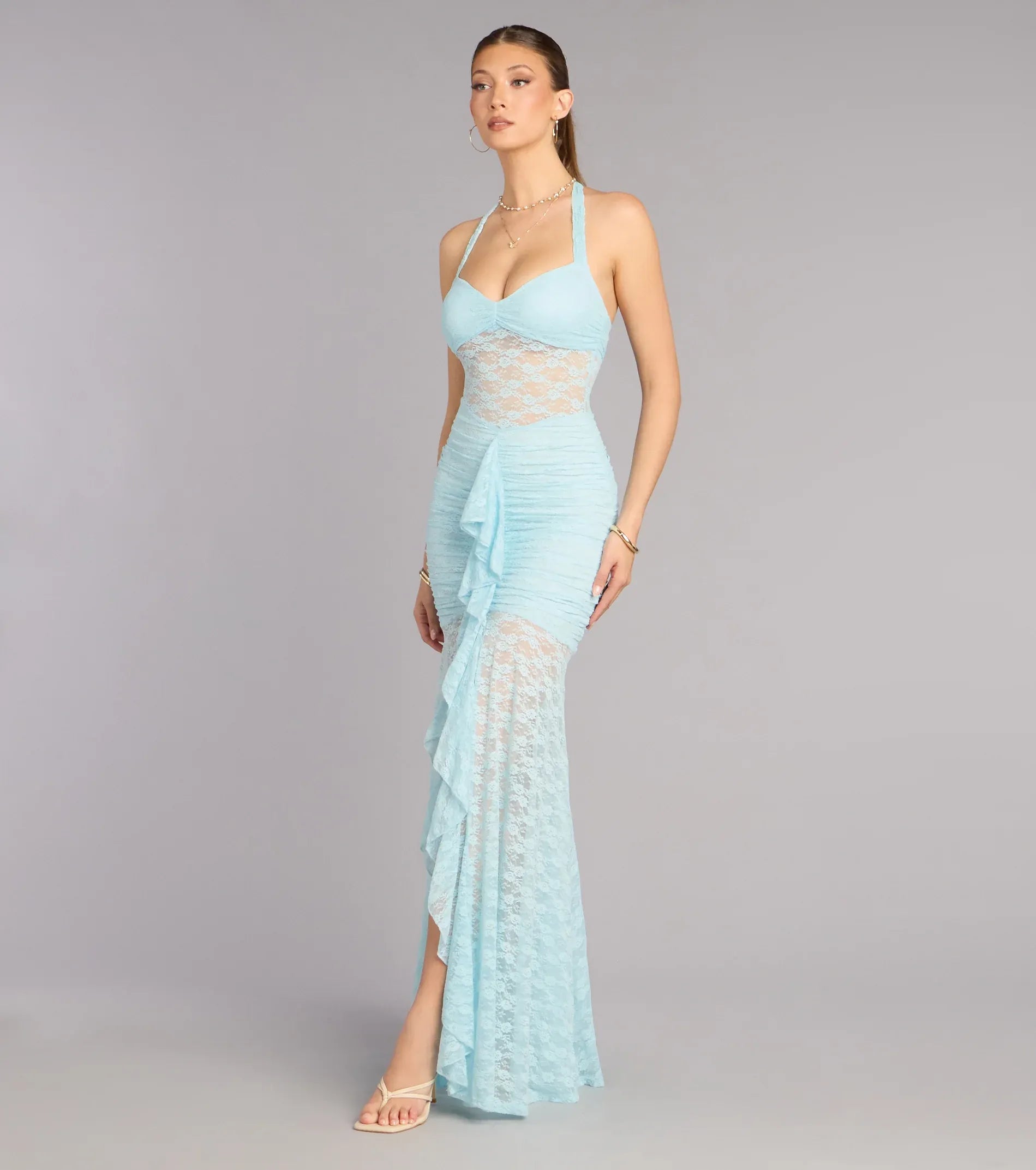 Light Blue Halter V Sheer Lace Ruched Ruffle High Slit Mermaid Maxi Wedding Guest Dress