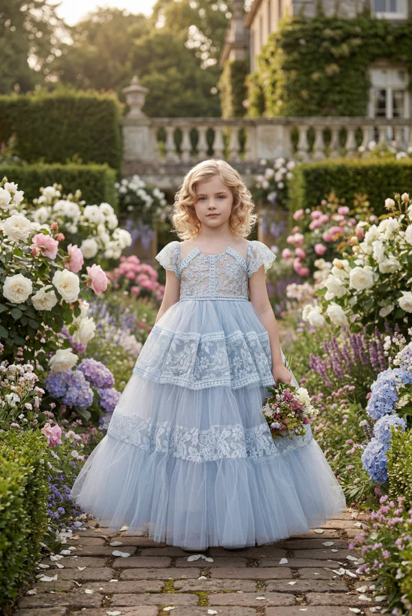 Light Blue Lace Tiered Tulle A Line Square Neck Cap Sleeve Plain Back Floor Length Flower Girl Wedding Dress