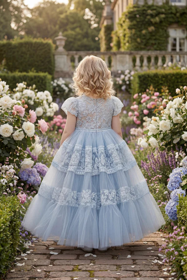 Light Blue Lace Tiered Tulle A Line Square Neck Cap Sleeve Plain Back Floor Length Flower Girl Wedding Dress