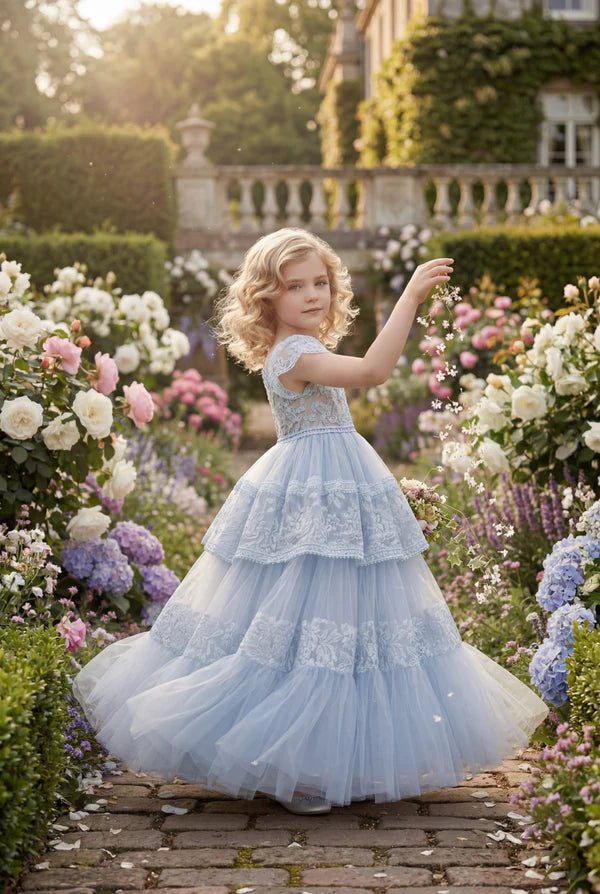 Light Blue Lace Tiered Tulle A Line Square Neck Cap Sleeve Plain Back Floor Length Flower Girl Wedding Dress
