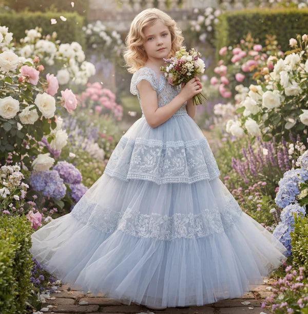 Light Blue Lace Tiered Tulle A Line Square Neck Cap Sleeve Plain Back Floor Length Flower Girl Wedding Dress