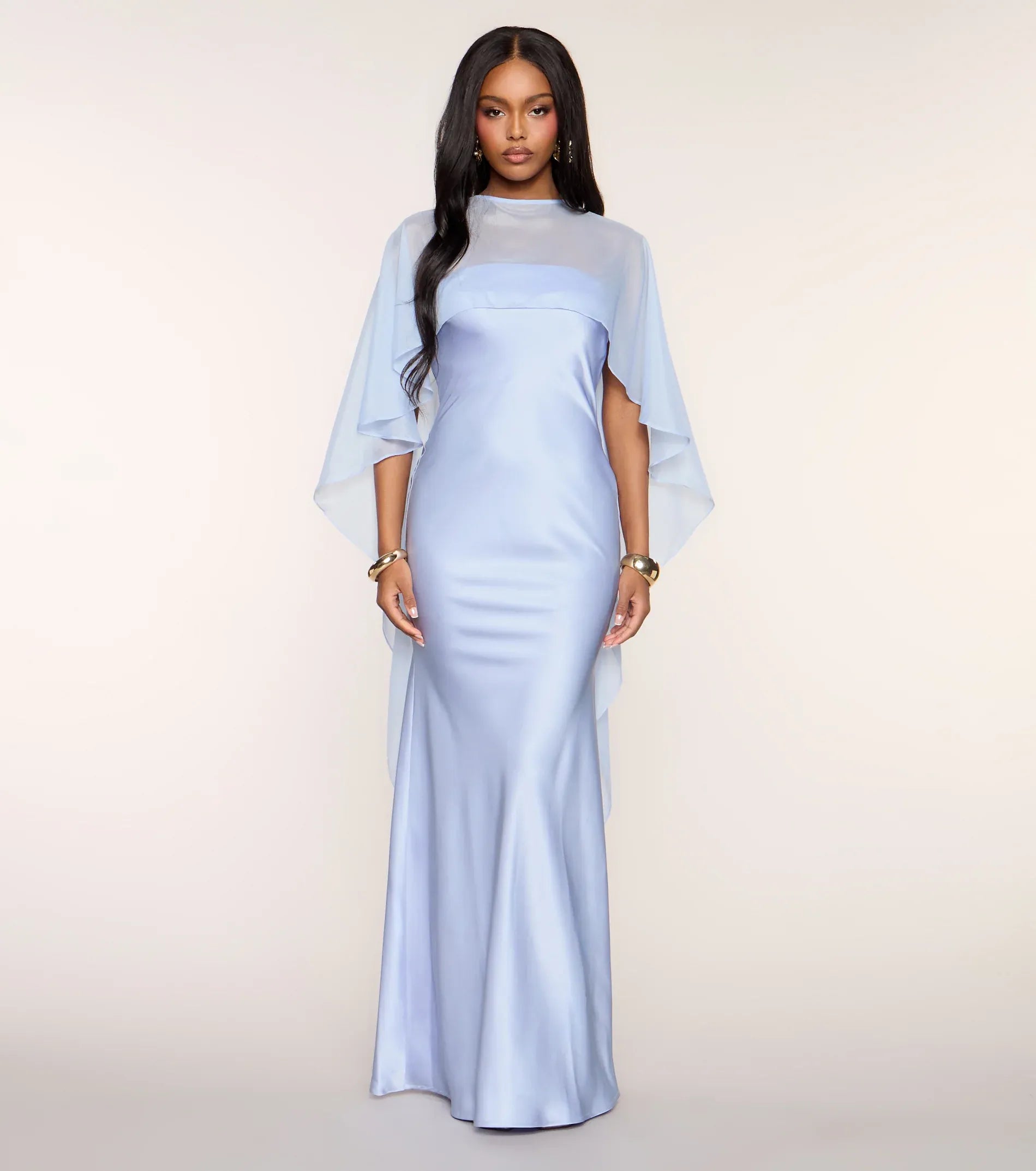 Light Blue Mermaid High Neck Cape Chiffon Sleeveless Cutout Back Floor Length Wedding Guest Dresses