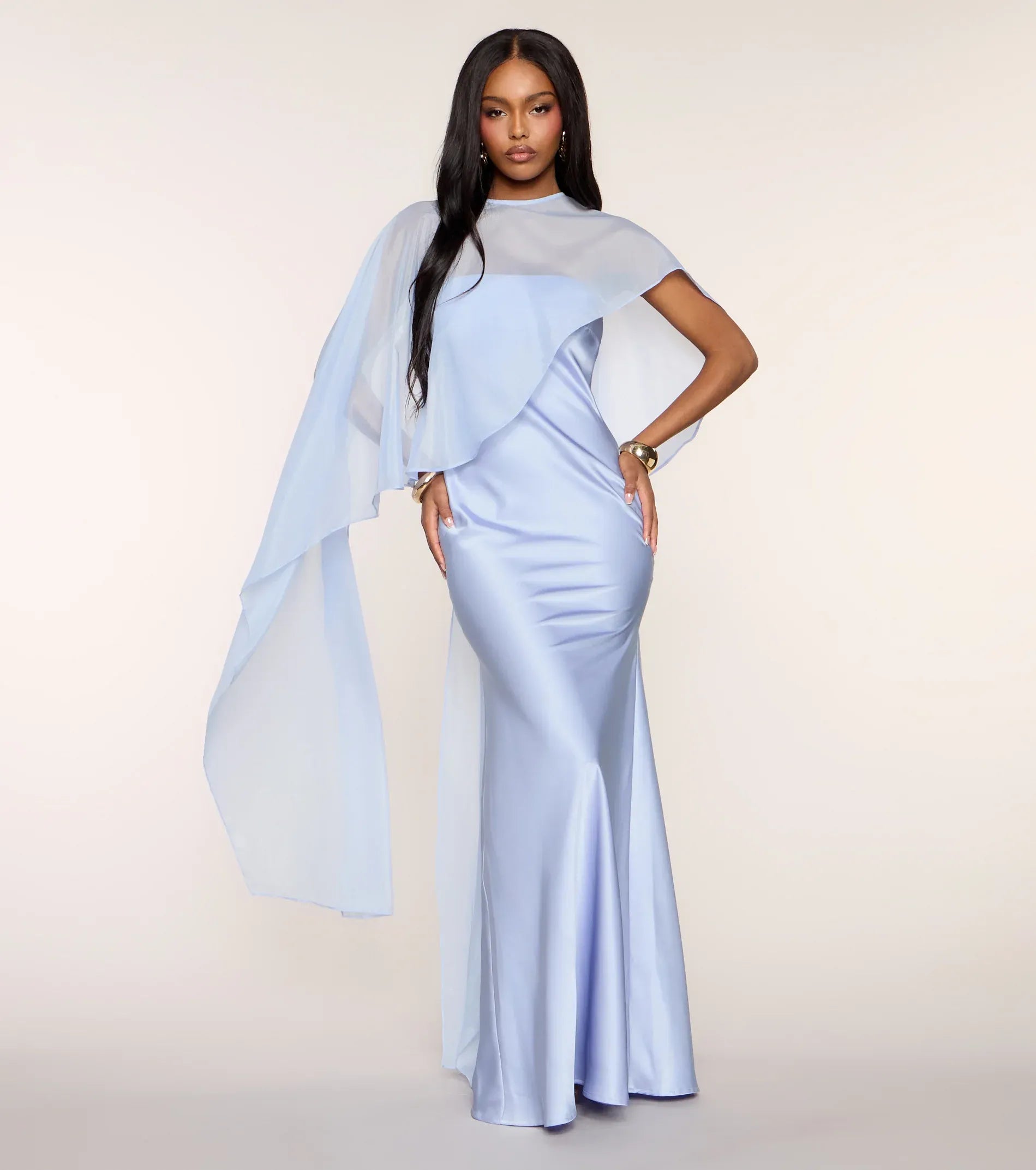 Light Blue Mermaid High Neck Cape Chiffon Sleeveless Cutout Back Floor Length Wedding Guest Dresses