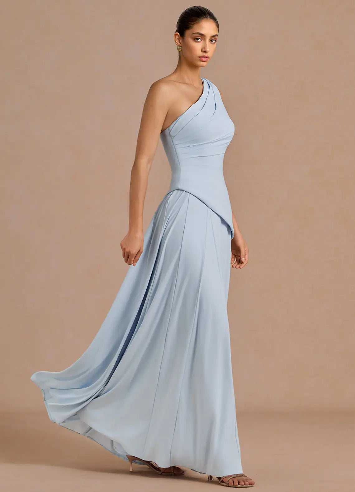 Light Blue One Shoulder Ruched Asymmetric Lace-Up Back A-Line Maxi Bridesmaid Dress