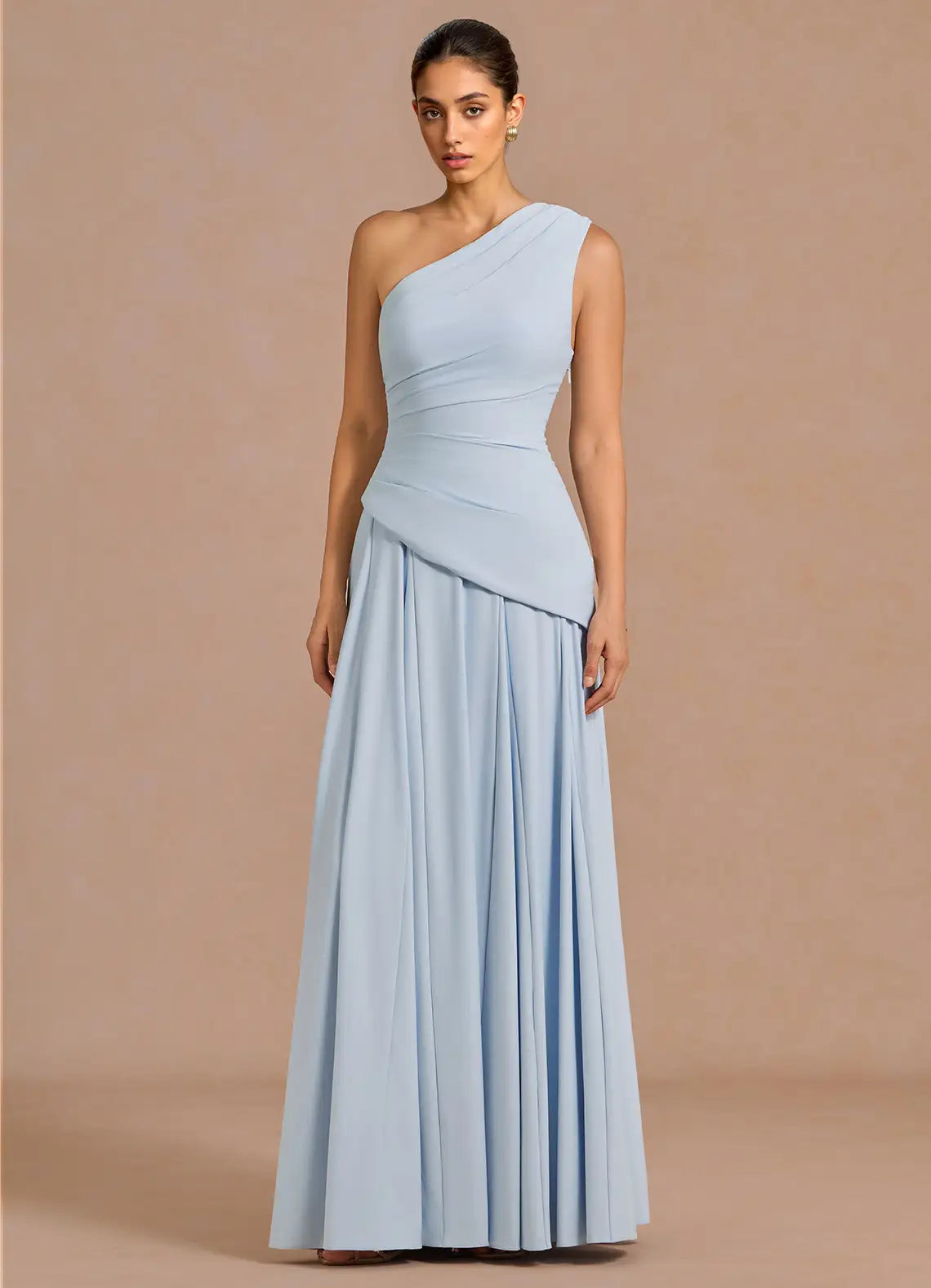 Light Blue One Shoulder Ruched Asymmetric Lace-Up Back A-Line Maxi Bridesmaid Dress