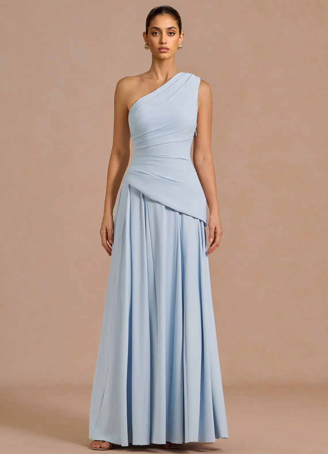 Light Blue One Shoulder Ruched Lace Up Back A-Line Maxi Wedding Guest Dress