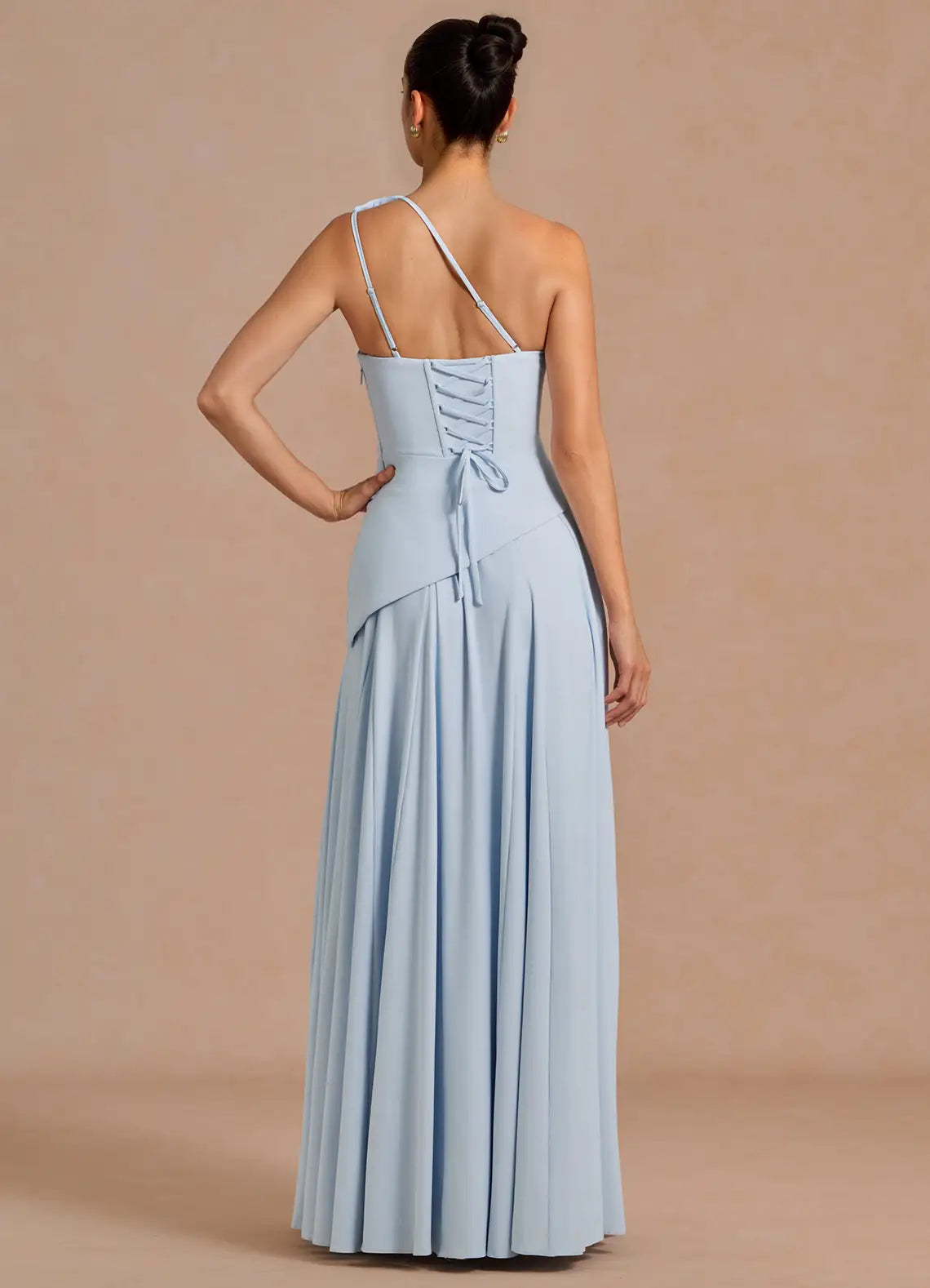 Light Blue One Shoulder Ruched Lace Up Back A-Line Maxi Wedding Guest Dress