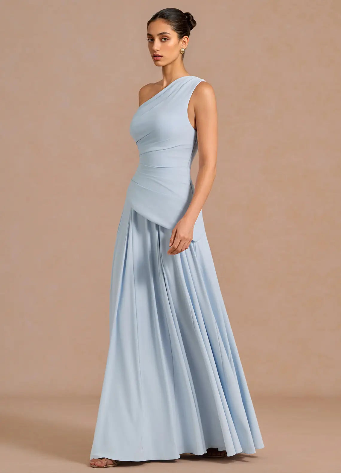 Light Blue One Shoulder Ruched Lace Up Back A-Line Maxi Wedding Guest Dress