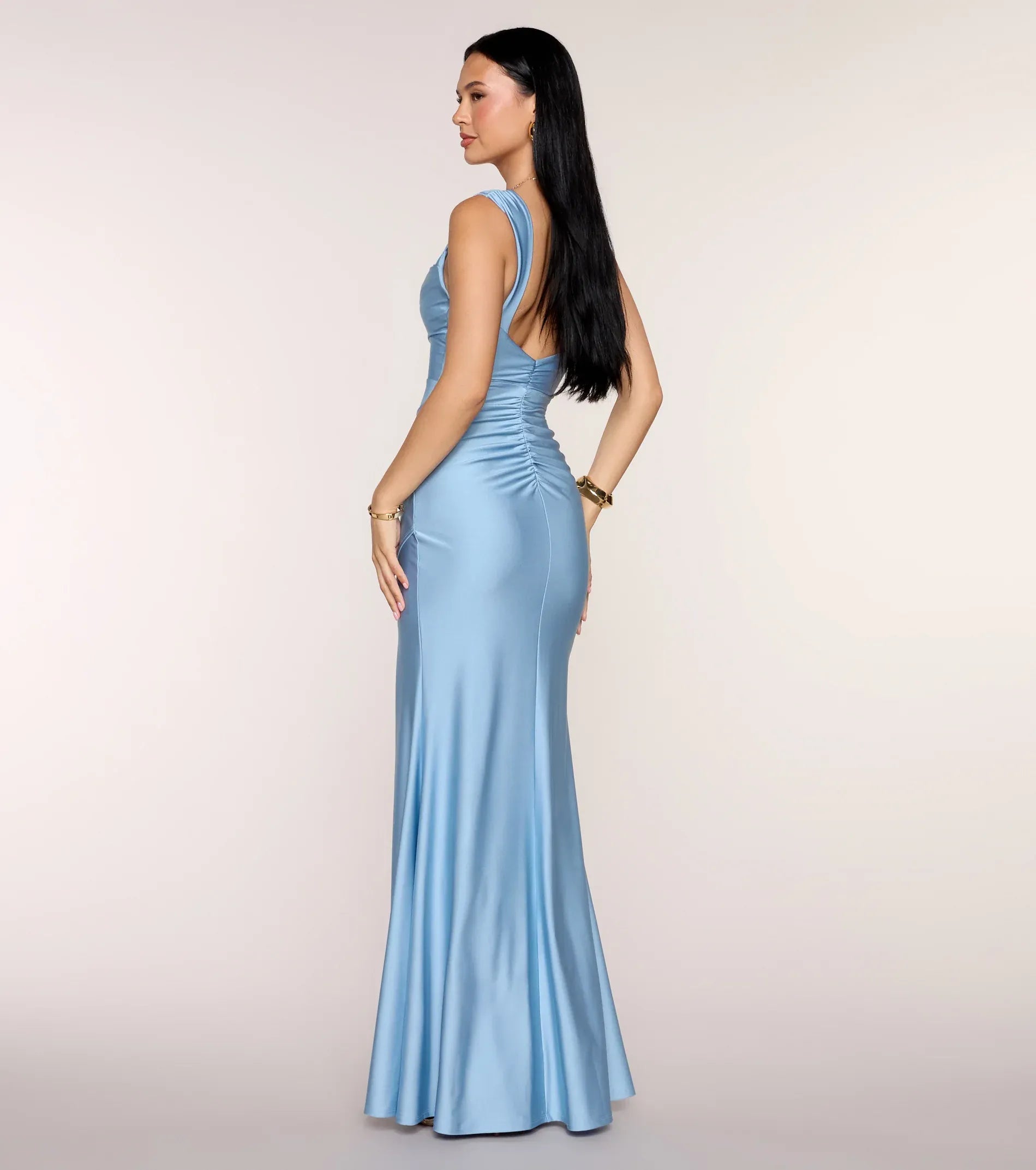 Light Blue Satin Wide Strap Cowl Neck Ruched Back High Slit Mermaid Floor Length Wedding Guest Dress
