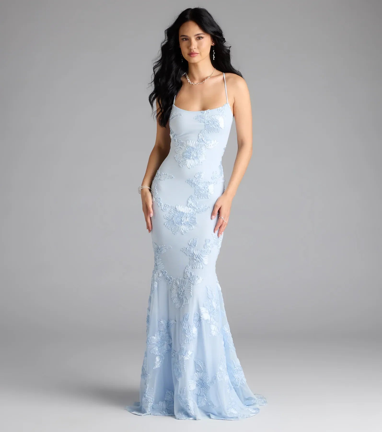 Light Blue Spaghetti Strap Floral Lace Corset Back Mermaid Maxi Wedding Guest Dress