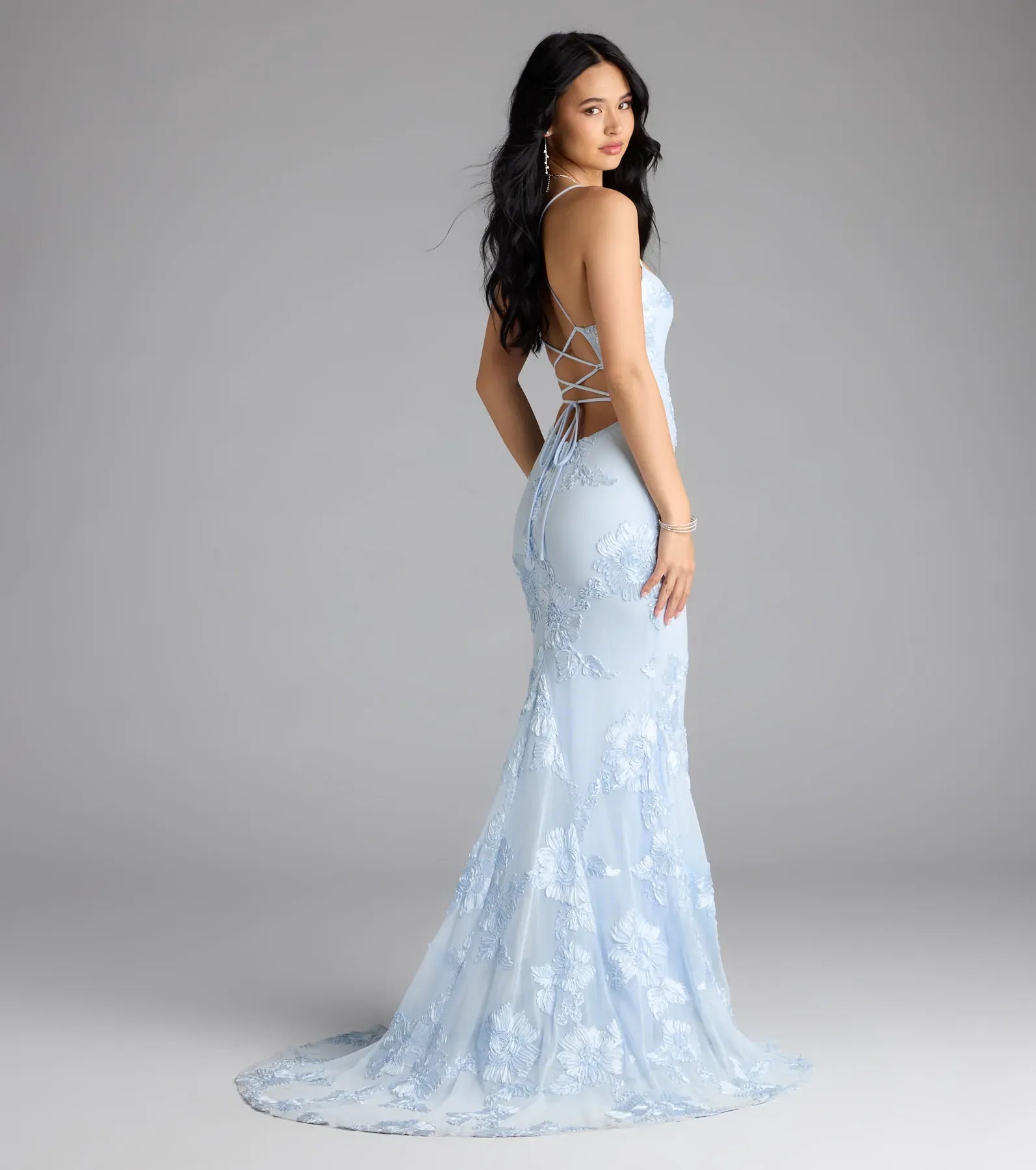 Light Blue Spaghetti Strap Floral Lace Corset Back Mermaid Maxi Wedding Guest Dress