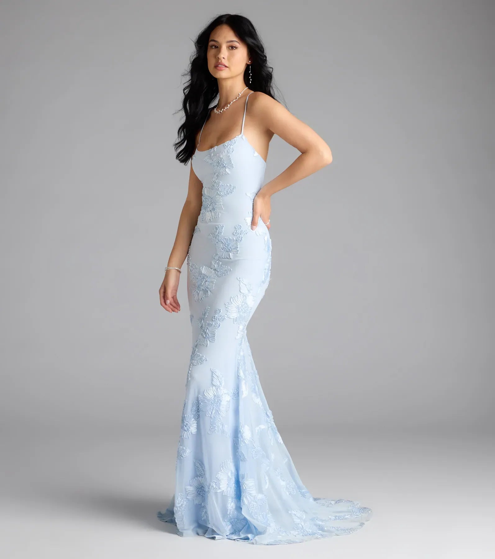 Light Blue Spaghetti Strap Floral Lace Corset Back Mermaid Maxi Wedding Guest Dress