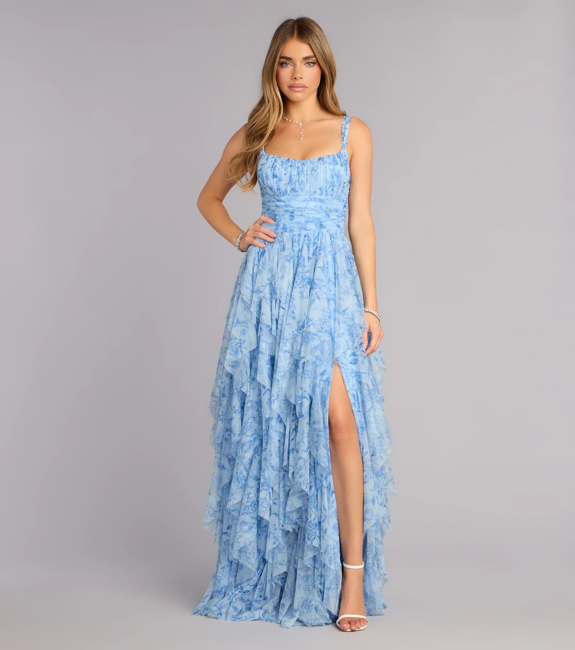 Light Blue Spaghetti Strap Floral Ruffle High Slit A-Line Maxi Wedding Guest Dress
