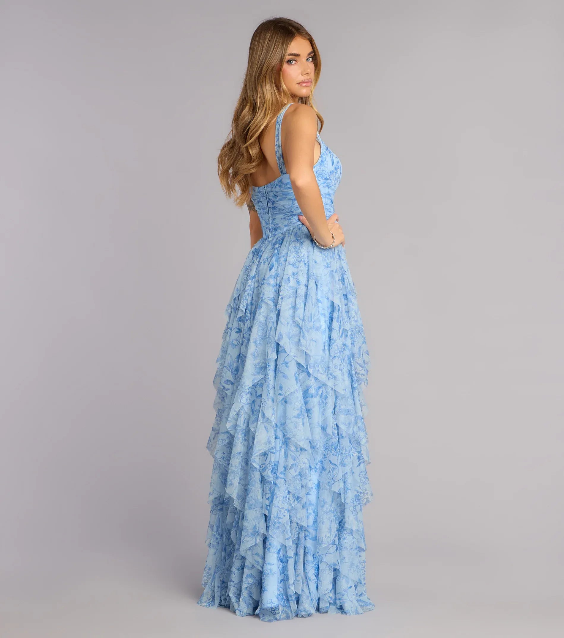 Light Blue Spaghetti Strap Floral Ruffle High Slit A-Line Maxi Wedding Guest Dress