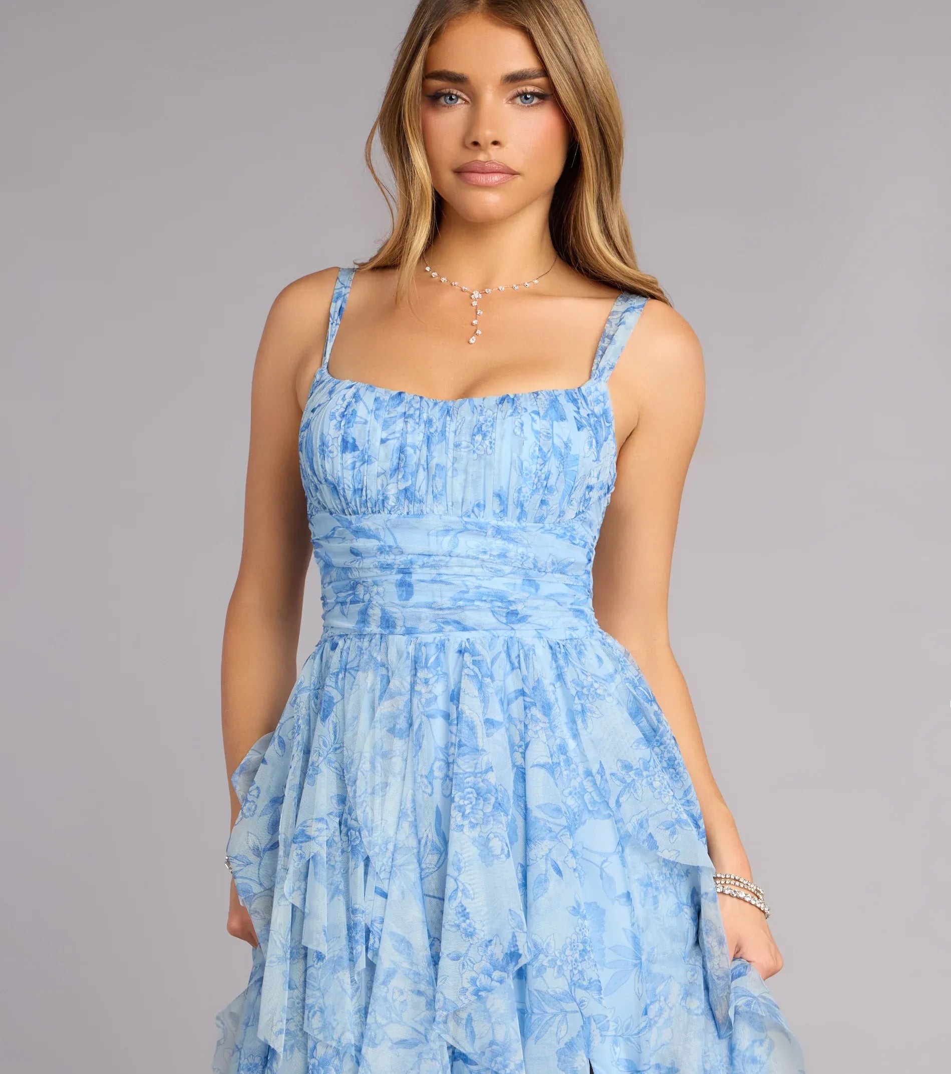 Light Blue Spaghetti Strap Floral Ruffle High Slit A-Line Maxi Wedding Guest Dress