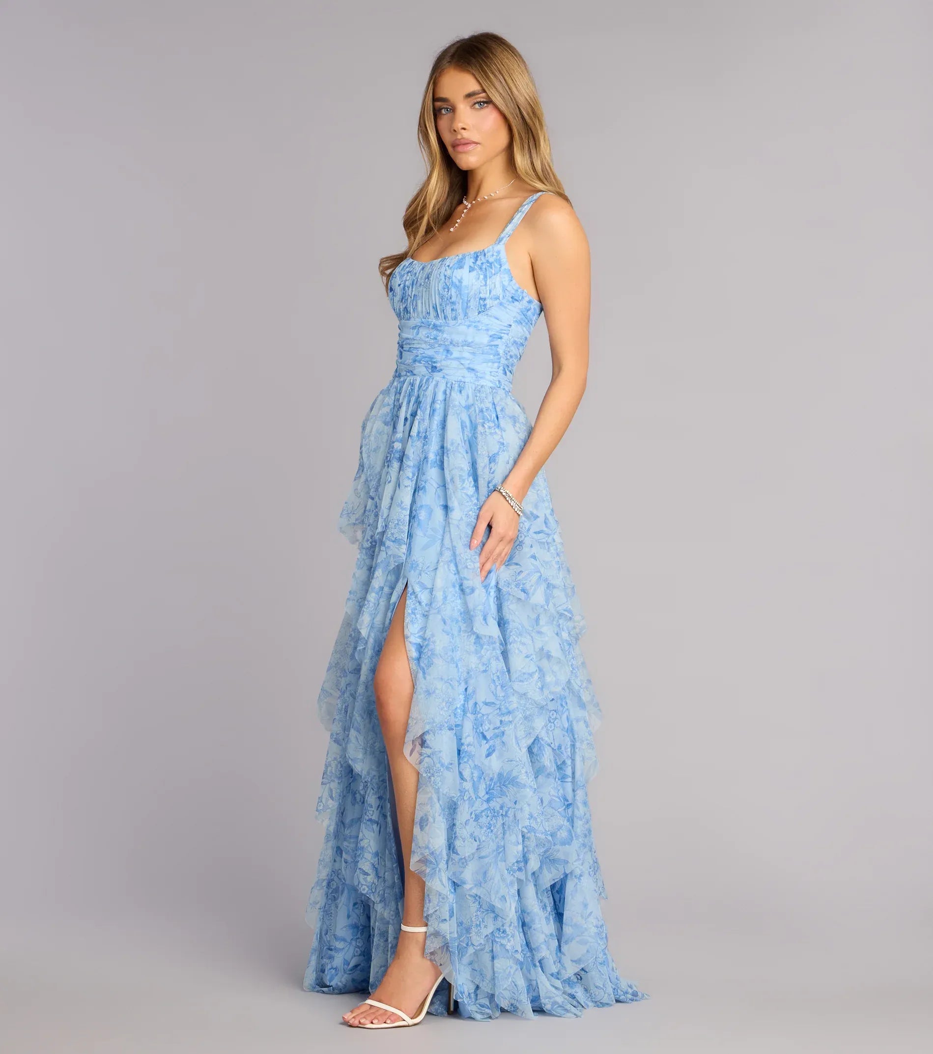Light Blue Spaghetti Strap Floral Ruffle High Slit A-Line Maxi Wedding Guest Dress