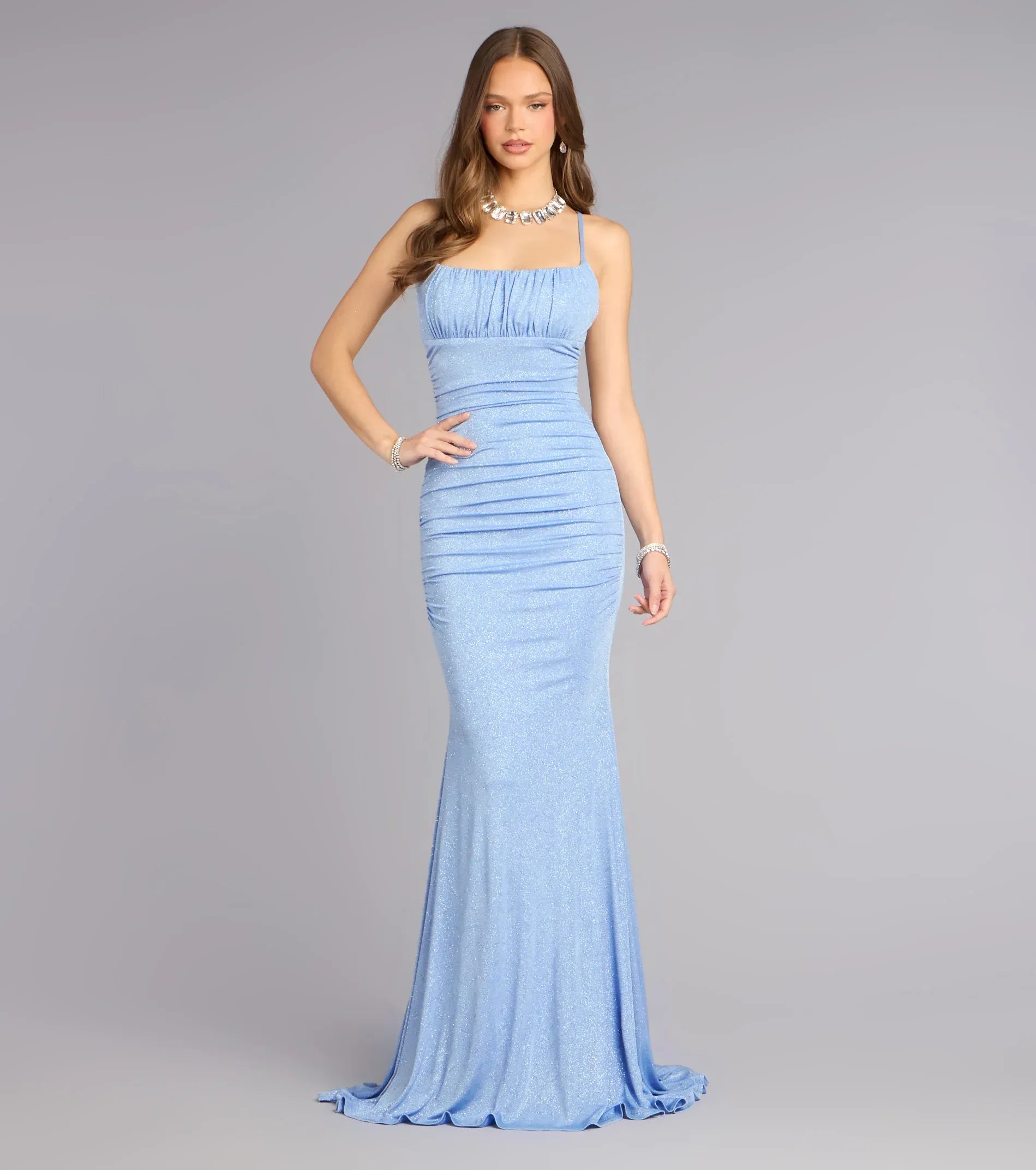 Light Blue Spaghetti Strap Ruched Cutout Back Glitter Mermaid Maxi Wedding Guest Dresses