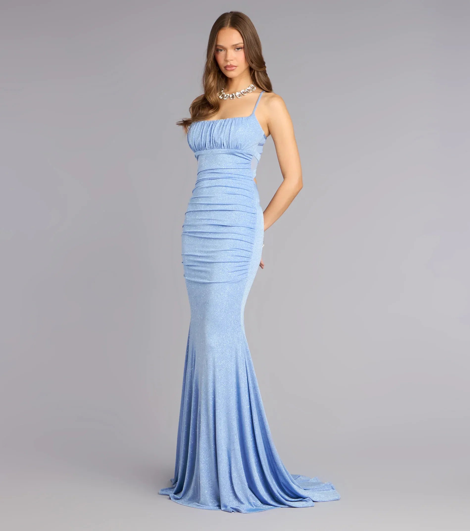 Light Blue Spaghetti Strap Ruched Cutout Back Glitter Mermaid Maxi Wedding Guest Dresses