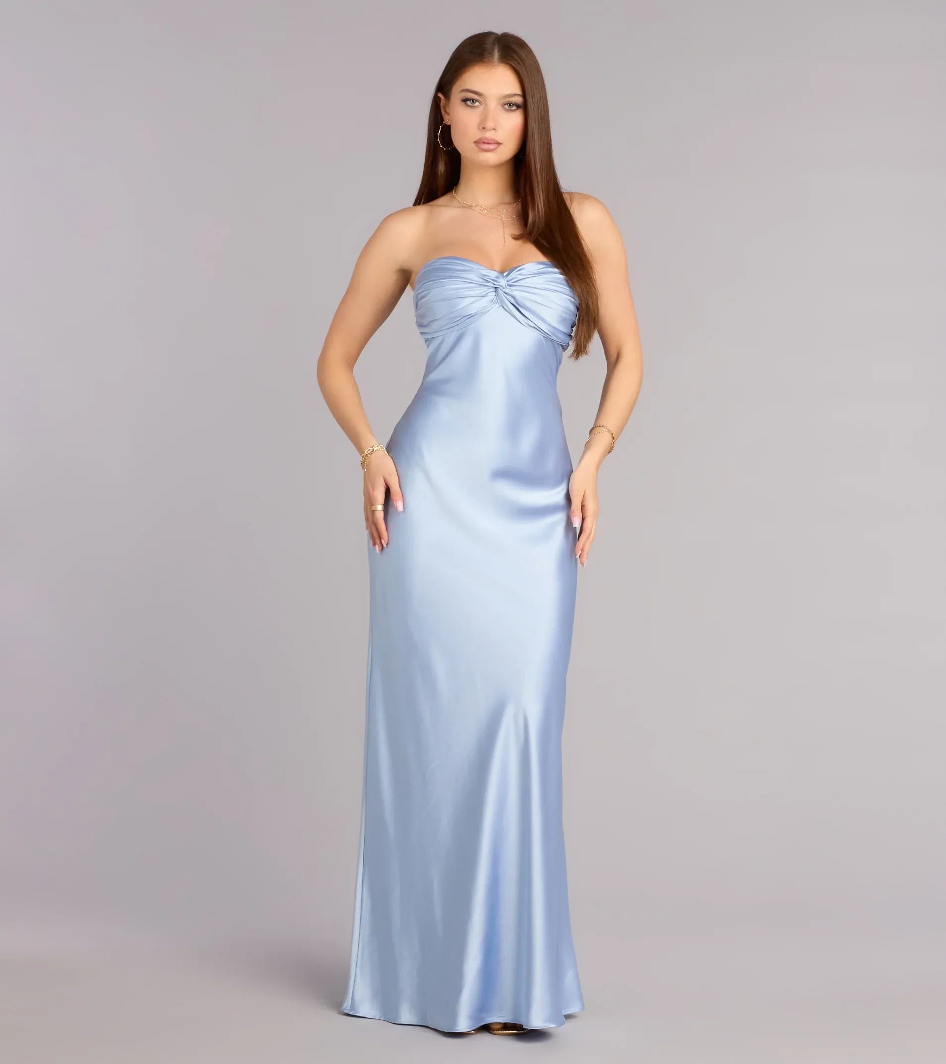 Light Blue Strapless Twist Bow Back Mermaid Maxi Wedding Guest Dress