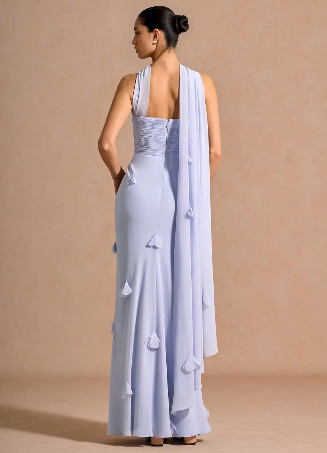 Light Blue Strapless Wrap Bust 3D Petal Chiffon Mermaid Maxi Wedding Guest Dress
