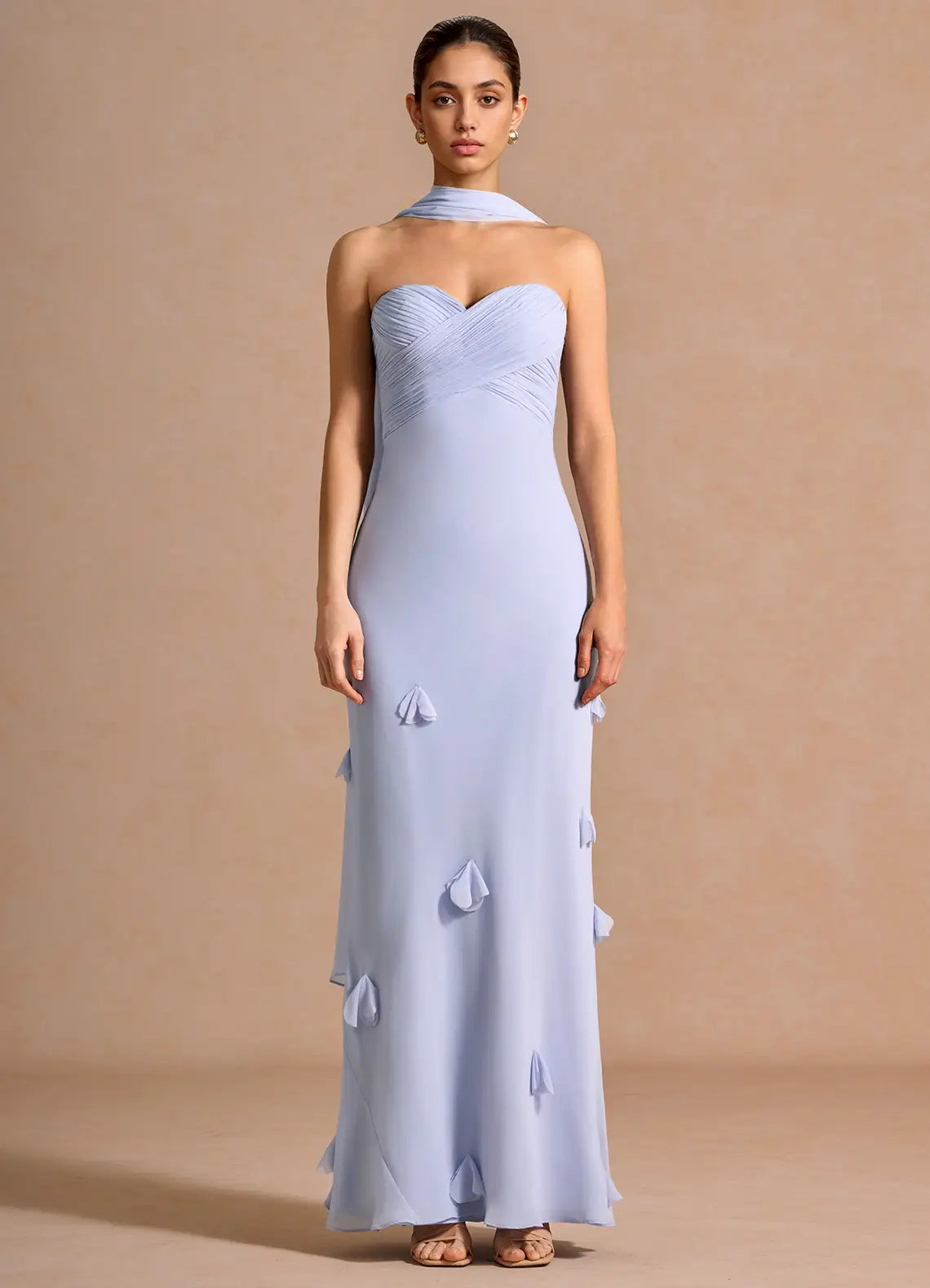 Light Blue Strapless Wrap Bust 3D Petal Chiffon Mermaid Maxi Wedding Guest Dress