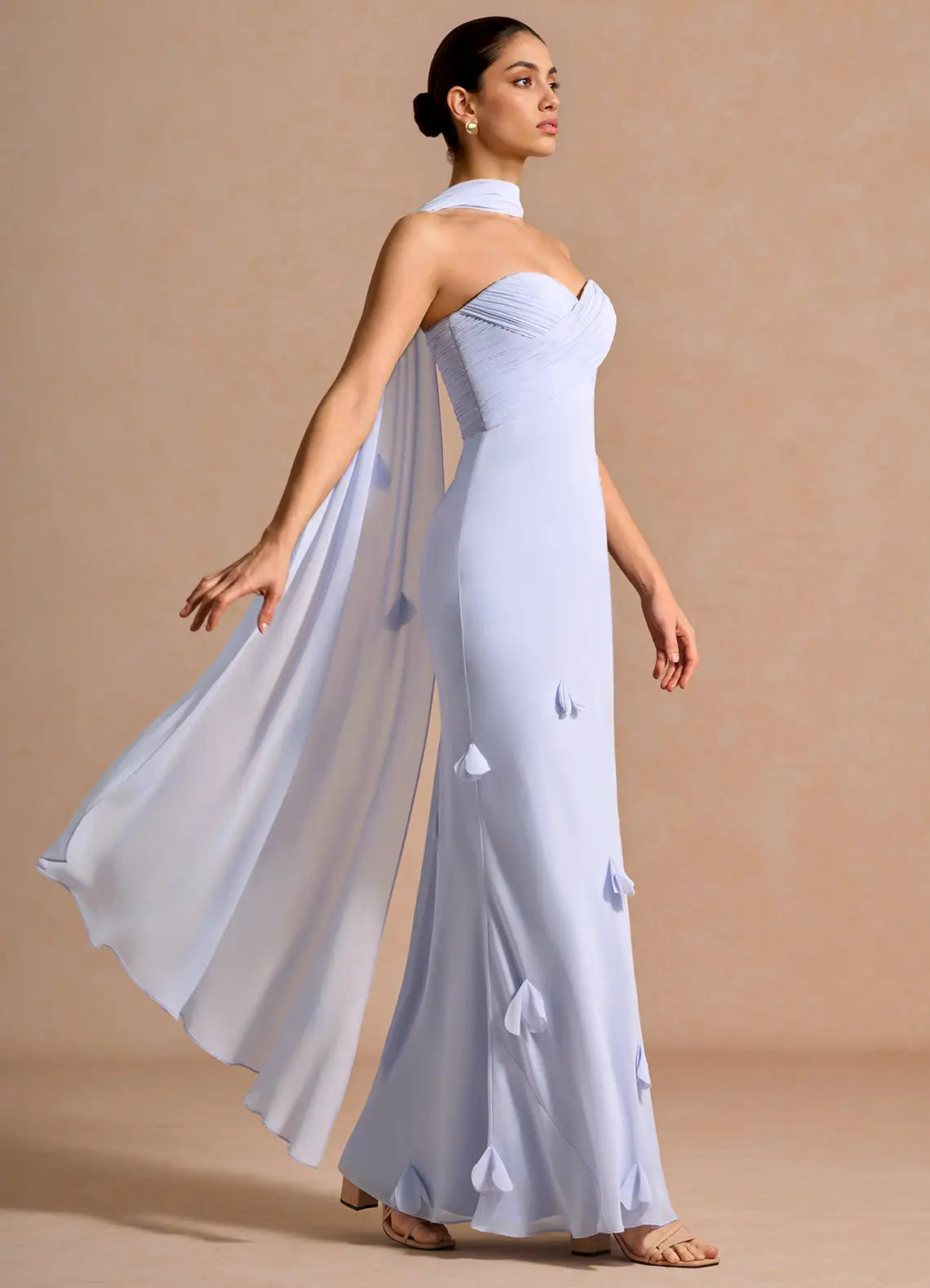 Light Blue Strapless Wrap Bust 3D Petal Chiffon Mermaid Maxi Wedding Guest Dress