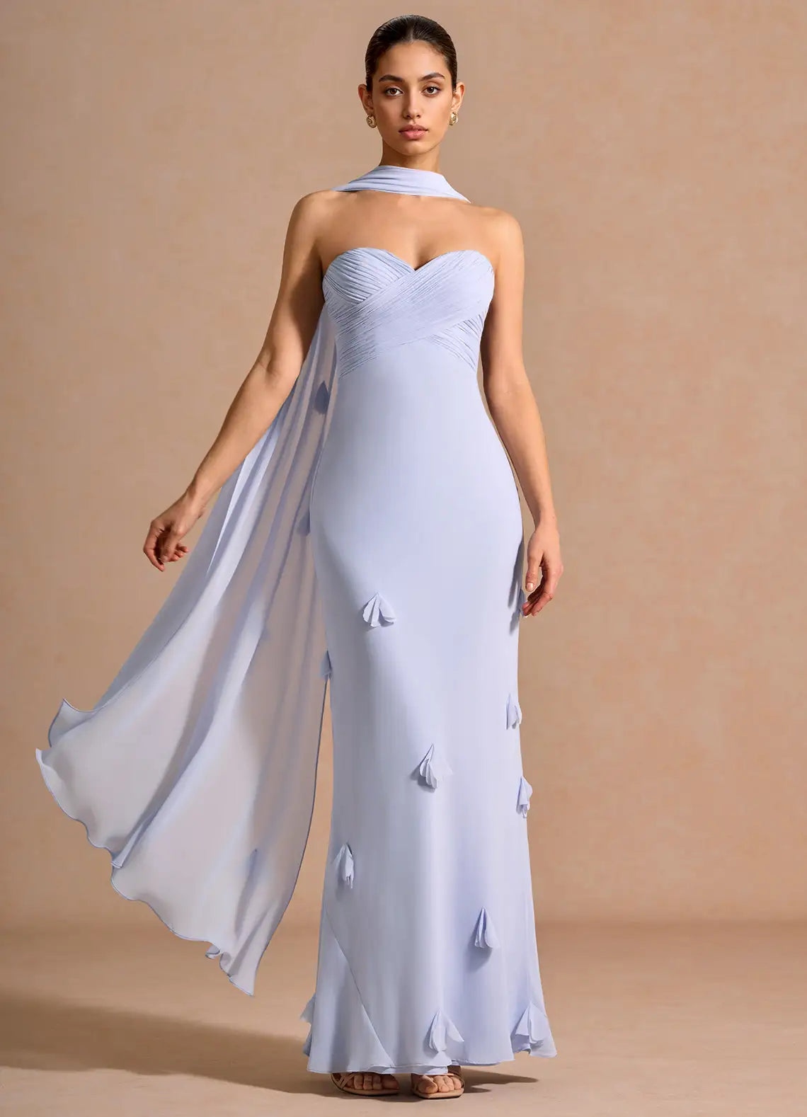 Light Blue Strapless Wrap Bust 3D Petal Chiffon Mermaid Maxi Wedding Guest Dress