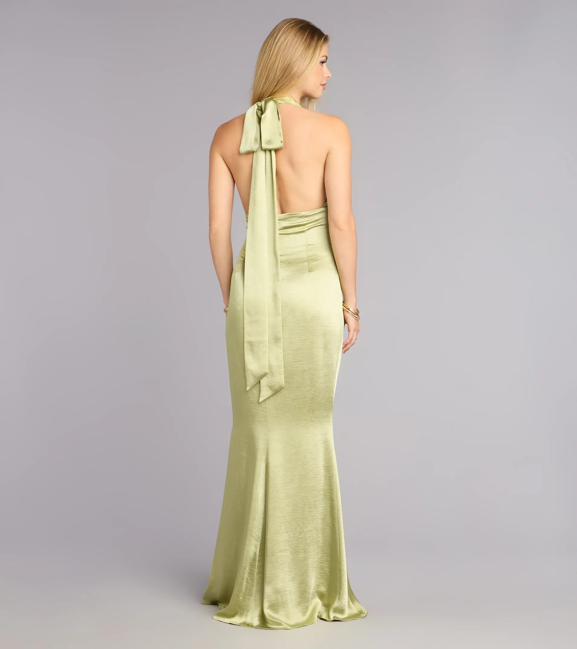 Light Olive Satin Halter Deep V Back Big Bow Mermaid Floor Length Wedding Guest Dresses