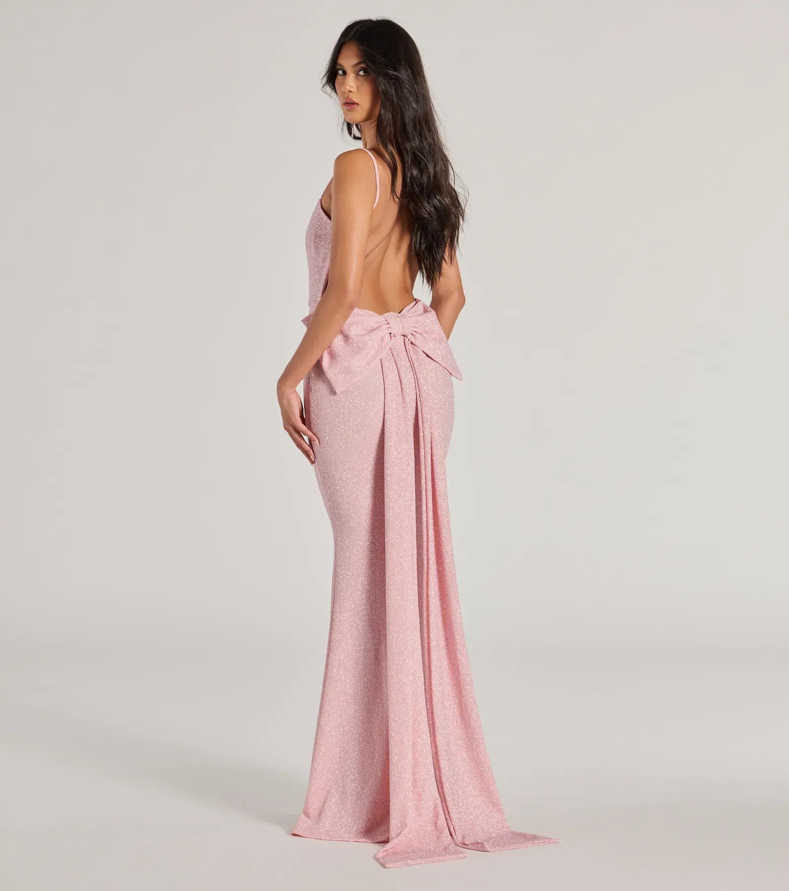 Light Pink Glitter Spaghetti Strap Big Bow Back Train Mermaid Floor Length Wedding Guest Dresses