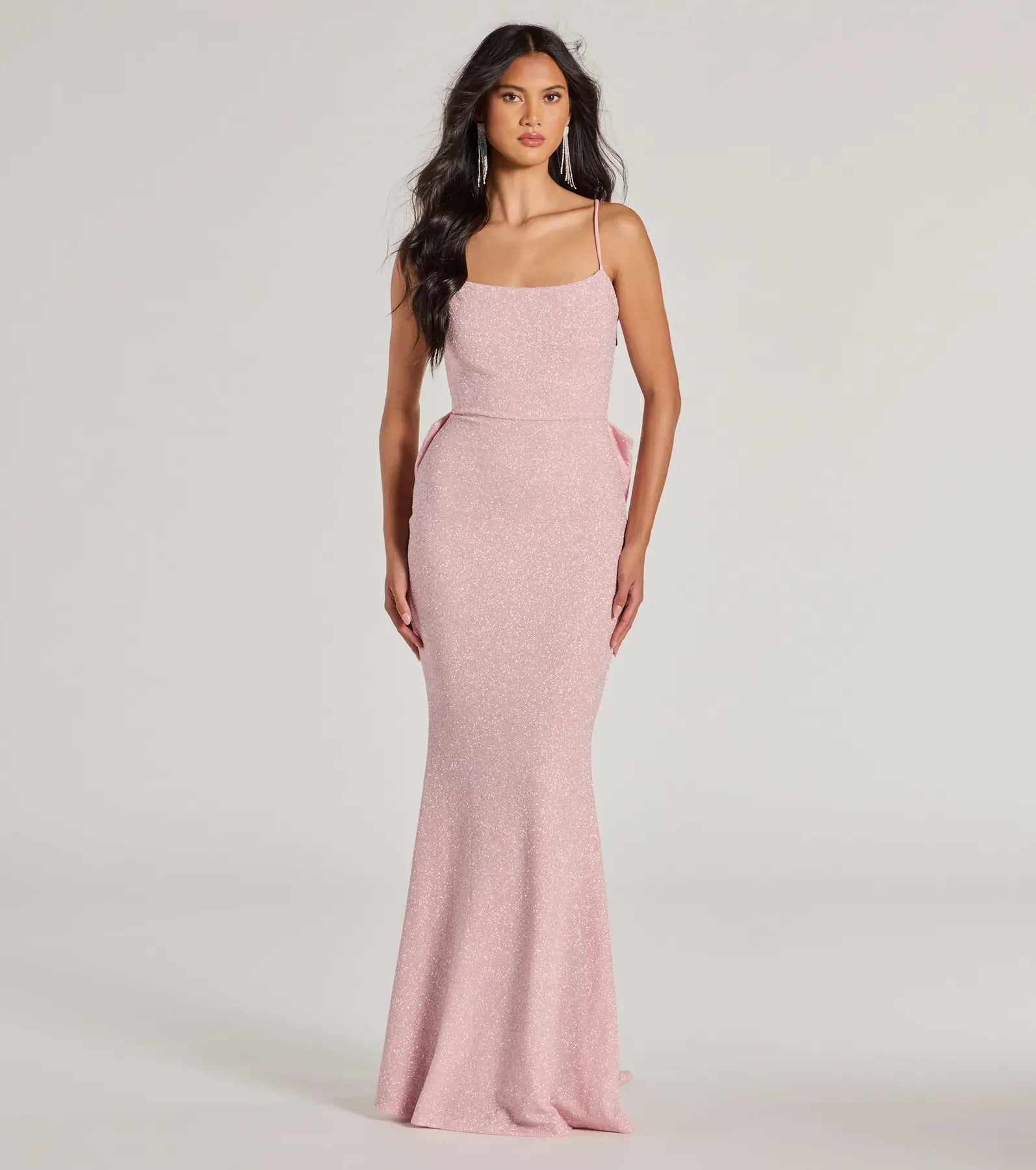 Light Pink Glitter Spaghetti Strap Big Bow Back Train Mermaid Floor Length Wedding Guest Dresses