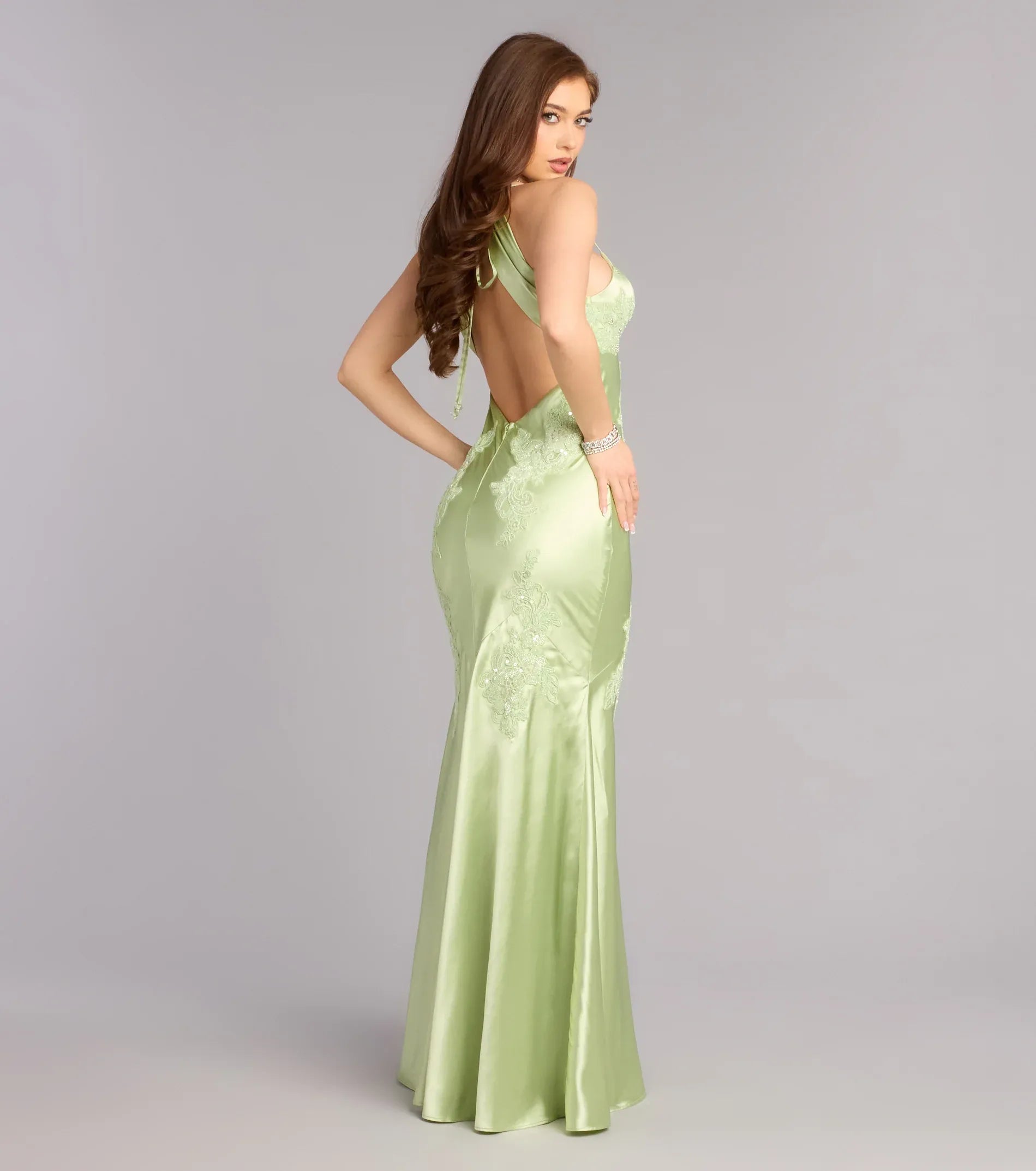 Light Sage Thin Spaghetti Strap V Neck Floral Lace Applique Open Tie Back Satin Mermaid Maxi Wedding Guest Dress