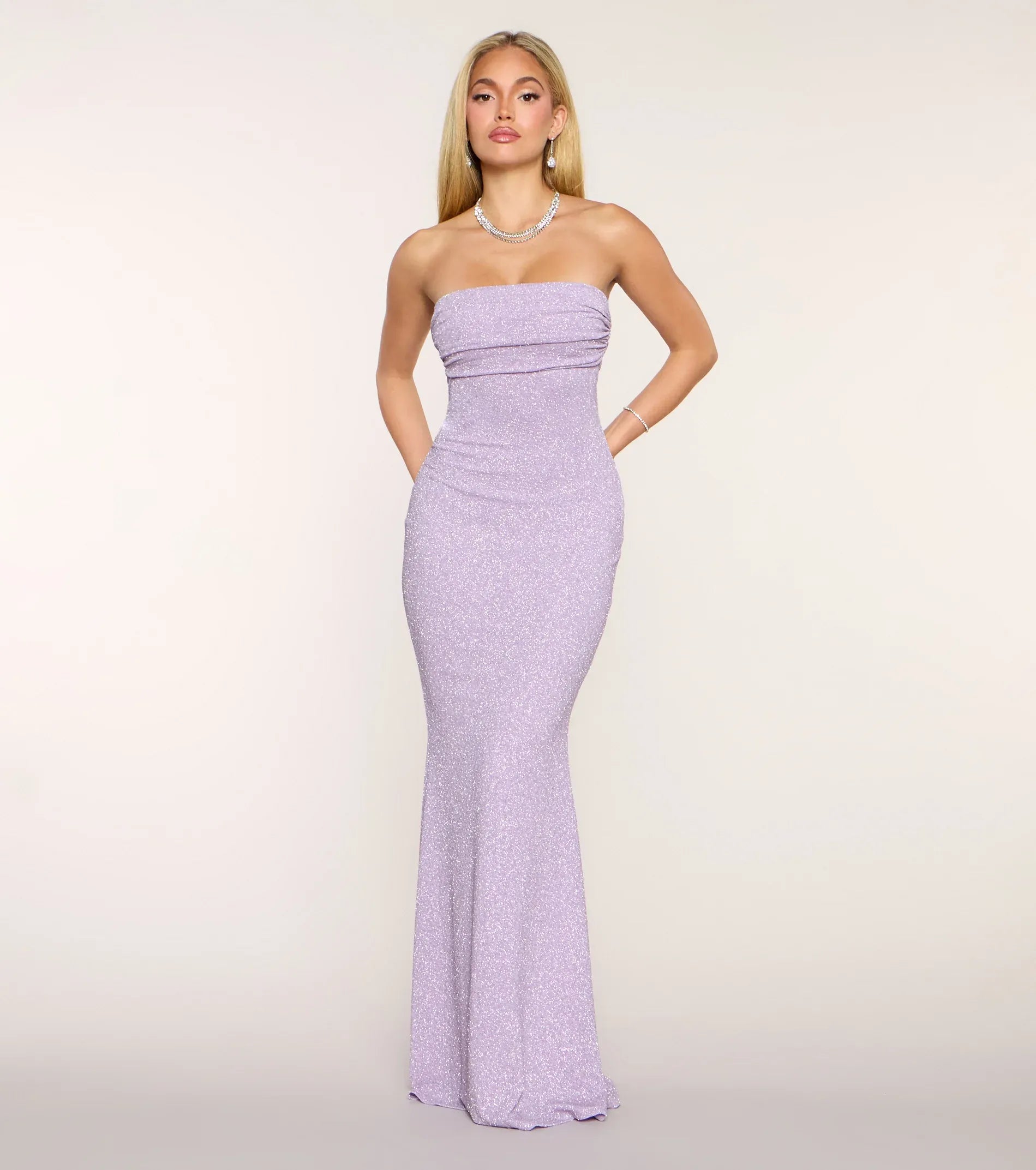 Lilac Glitter Mermaid Strapless Draped Tube Sleeveless Open Back Floor Length Wedding Guest Dresses