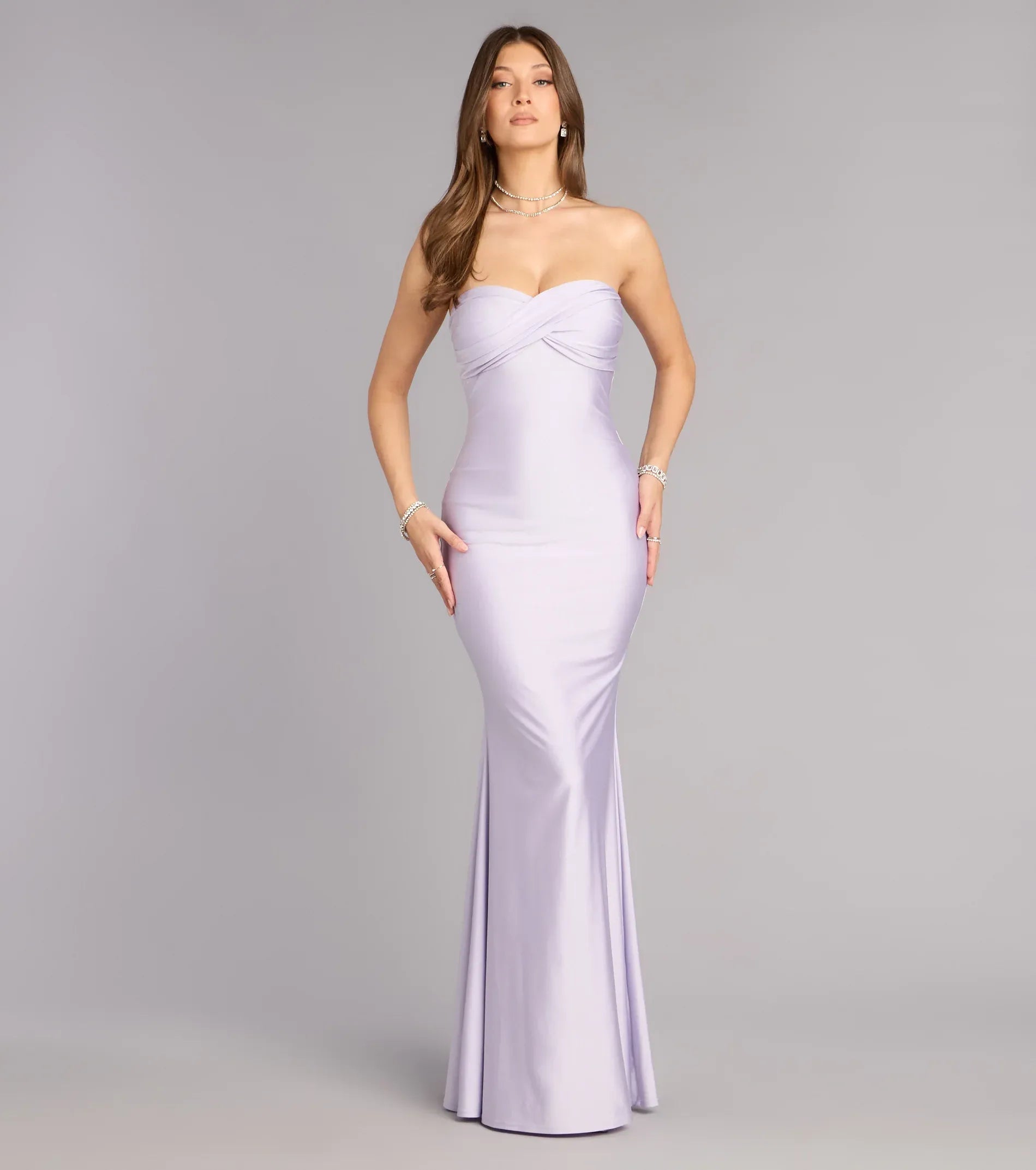 Lilac Satin Mermaid Strapless Twist Sweetheart Plain Back Floor Length Wedding Guest Dresses