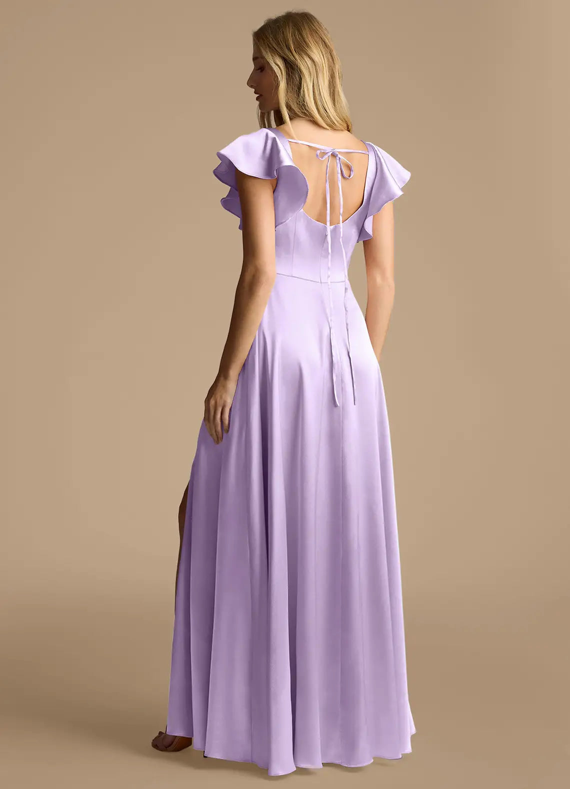 Lilac Square Neck Ruffle Sleeve Tie Back Slit A-Line Maxi Satin Bridesmaid Dress