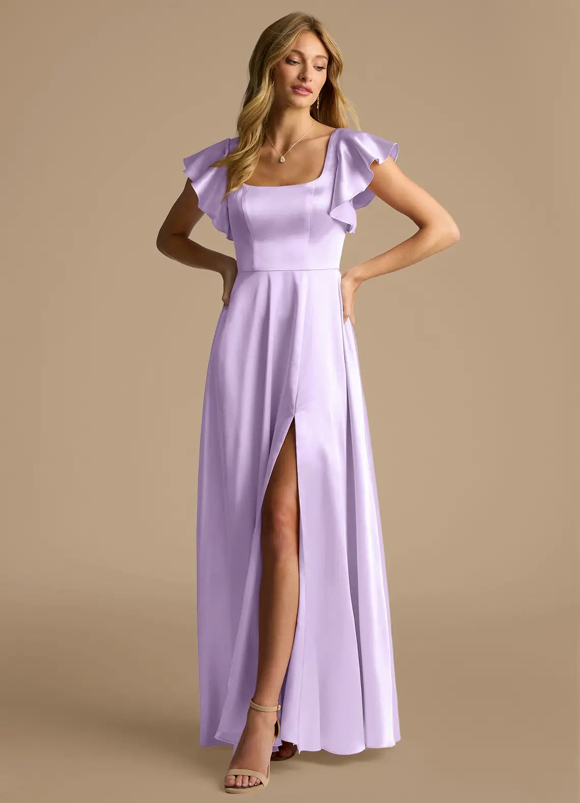 Lilac Square Neck Ruffle Sleeve Tie Back Slit A-Line Maxi Satin Bridesmaid Dress