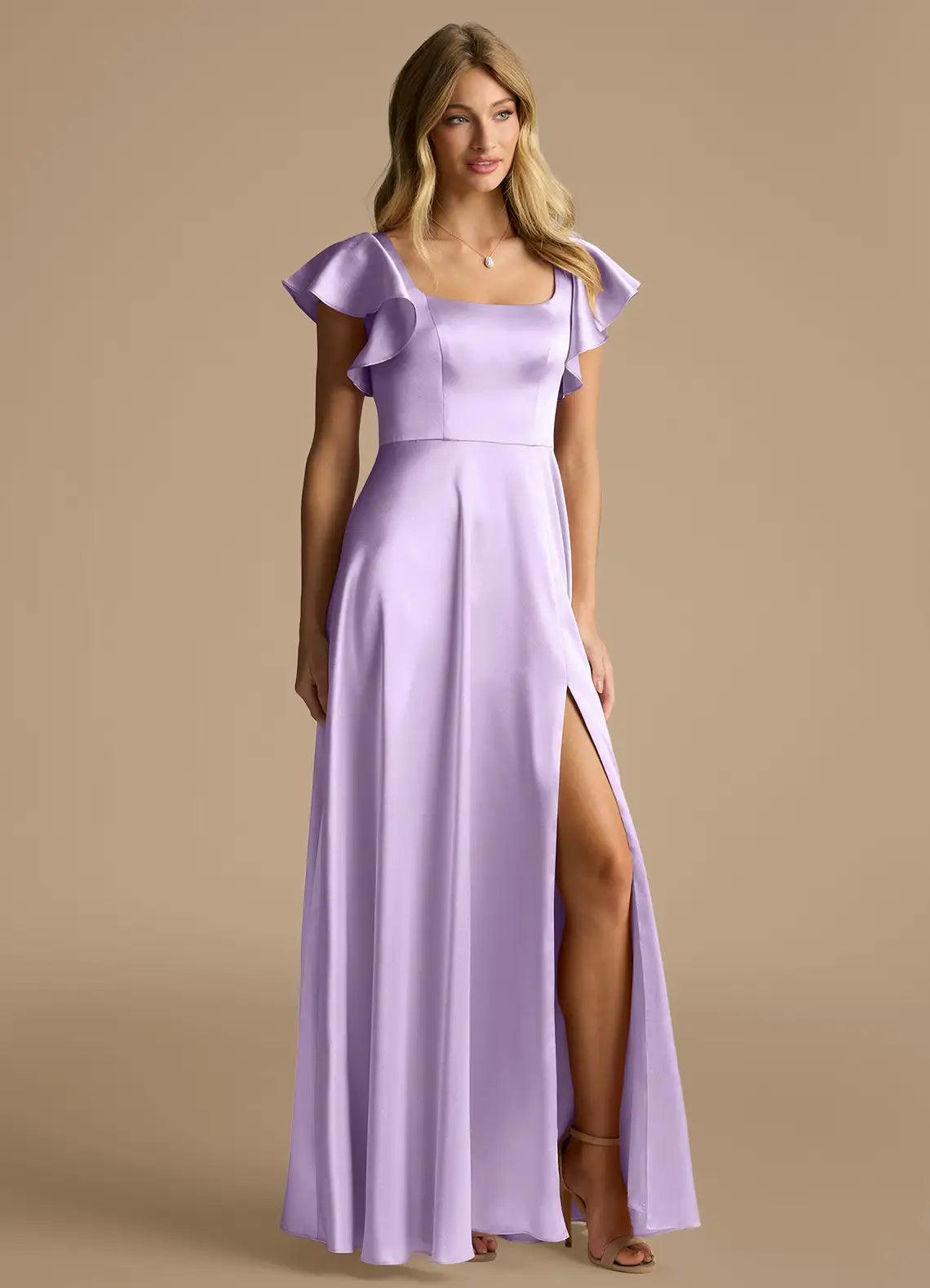 Lilac Square Neck Ruffle Sleeve Tie Back Slit A-Line Maxi Satin Bridesmaid Dress