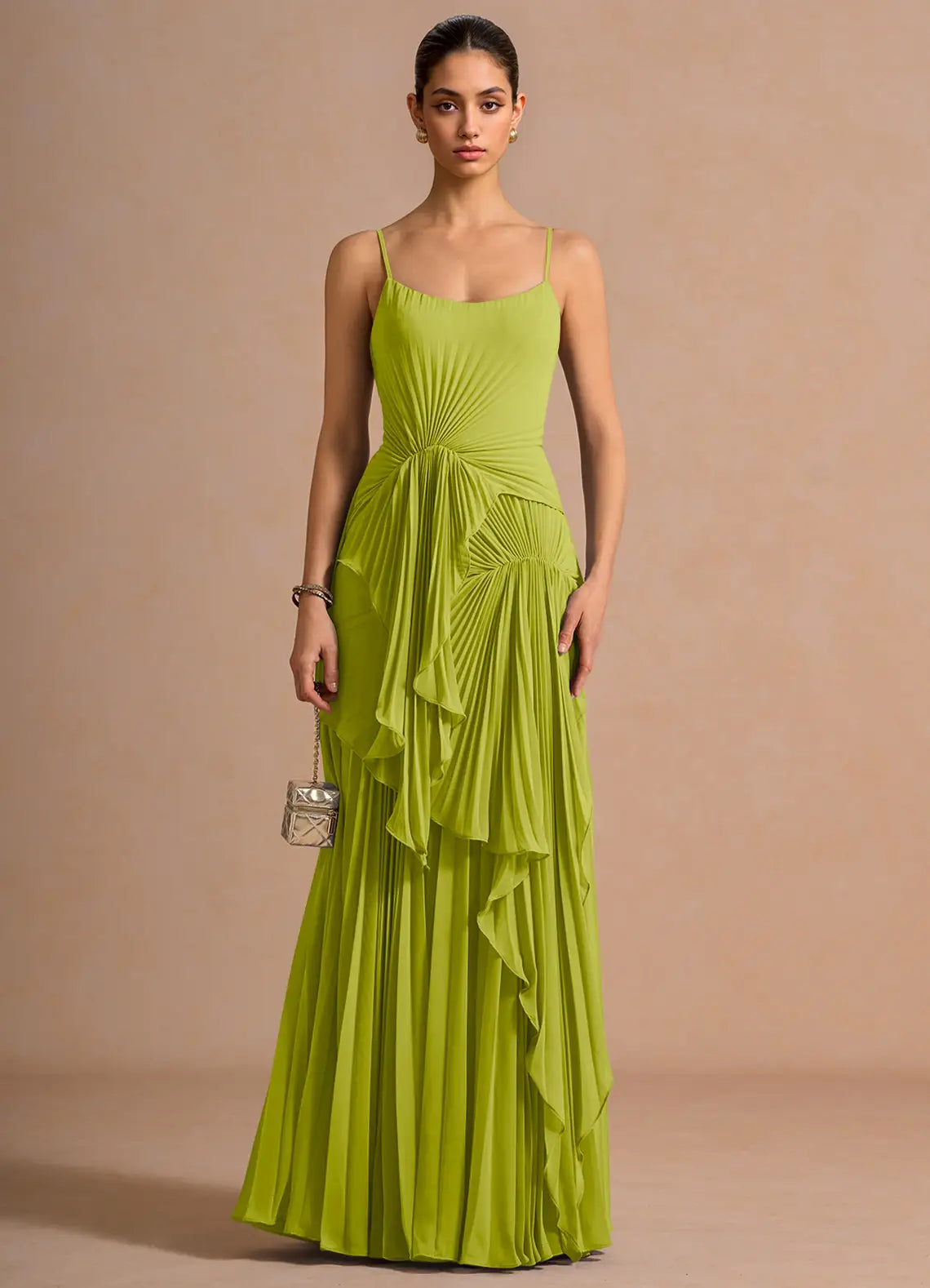 Lime Floor-Length Spaghetti-Strap Gathered Ruffle Pleated Lace-Up Back Wedding Guest Dress