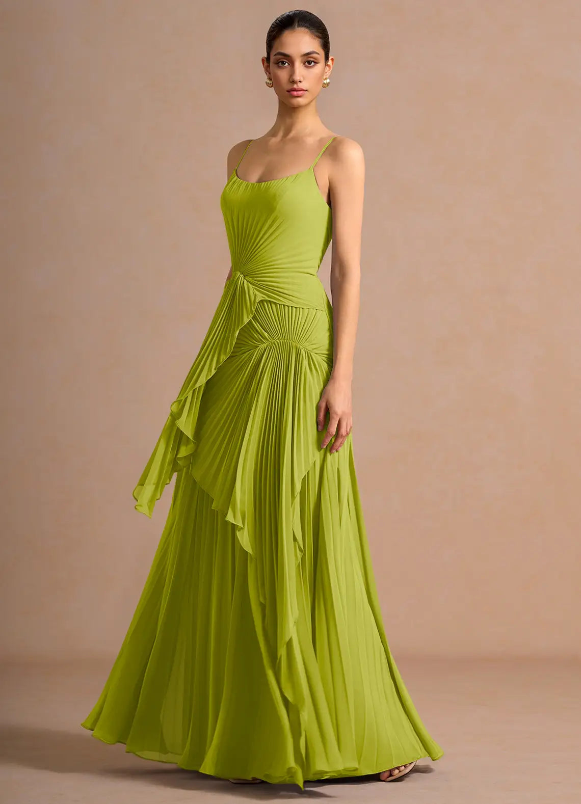 Lime Floor-Length Spaghetti-Strap Gathered Ruffle Pleated Lace-Up Back Wedding Guest Dress