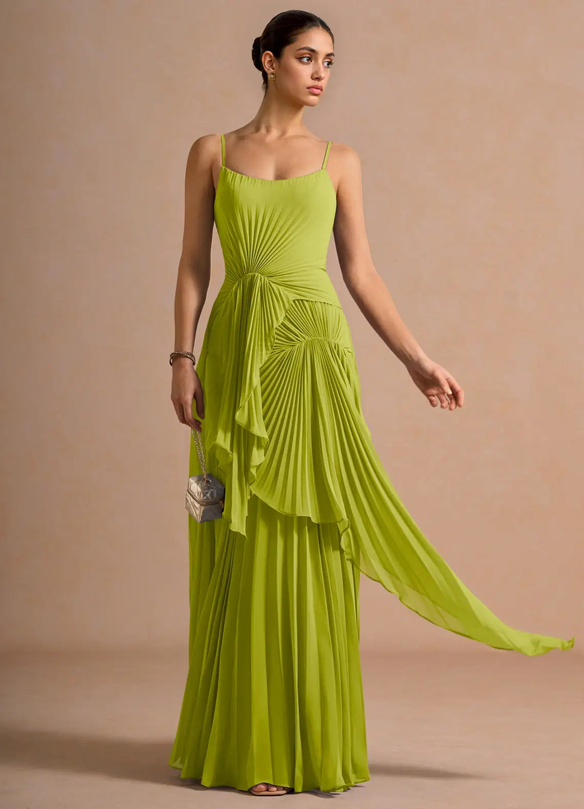 Lime Floor-Length Spaghetti-Strap Gathered Ruffle Pleated Lace-Up Back Wedding Guest Dress