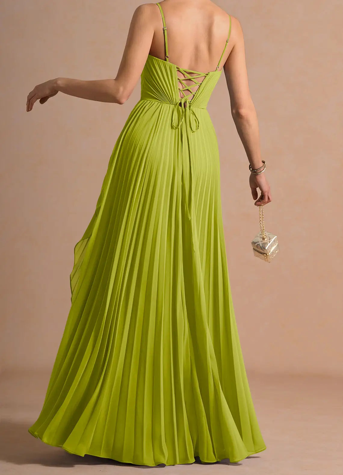 Lime Floor-Length Spaghetti-Strap Gathered Ruffle Pleated Lace-Up Back Wedding Guest Dress