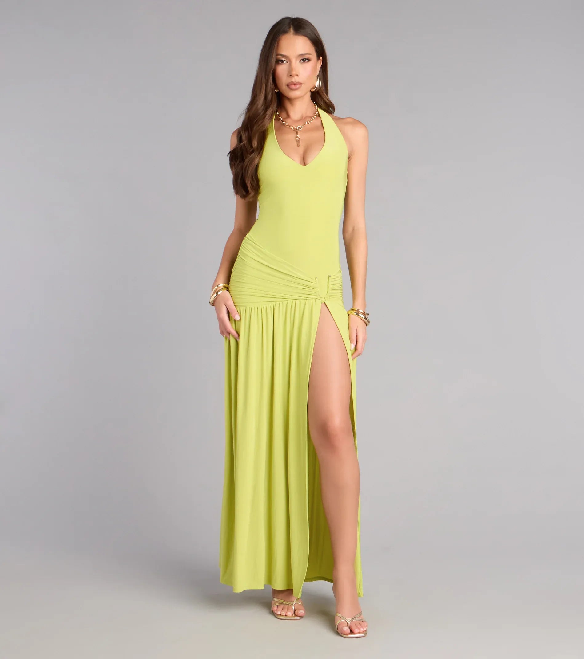 Lime Halter V-Neck Ruched Waist High Slit Flowy Maxi Wedding Guest Dresses
