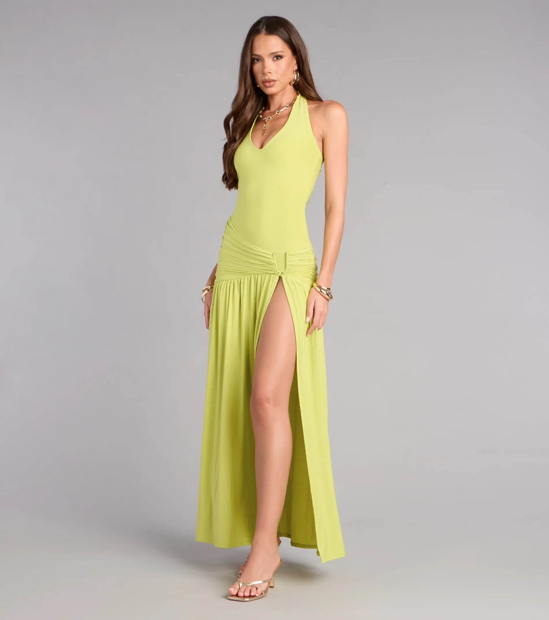 Lime Halter V-Neck Ruched Waist High Slit Flowy Maxi Wedding Guest Dresses