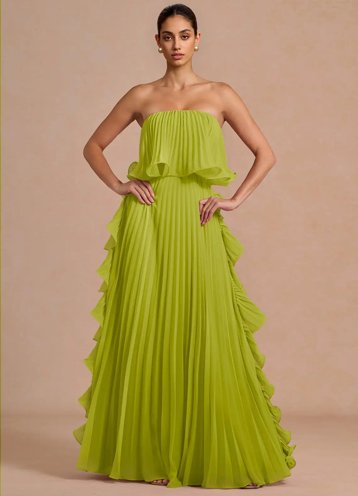 Lime Strapless Ruffle Overlay Pleated Chiffon Maxi Bridesmaid Dress