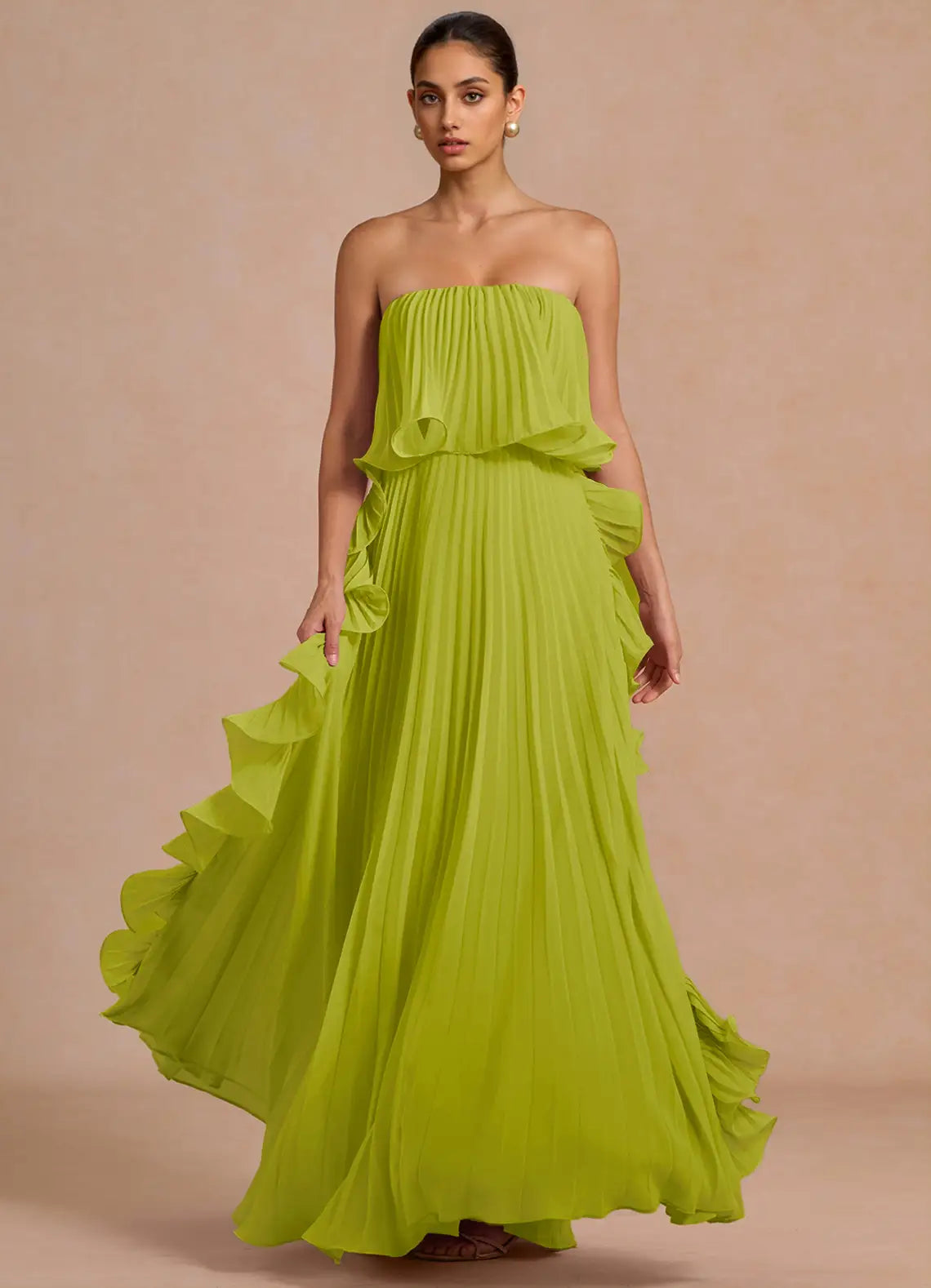 Lime Strapless Ruffle Overlay Pleated Chiffon Maxi Bridesmaid Dress