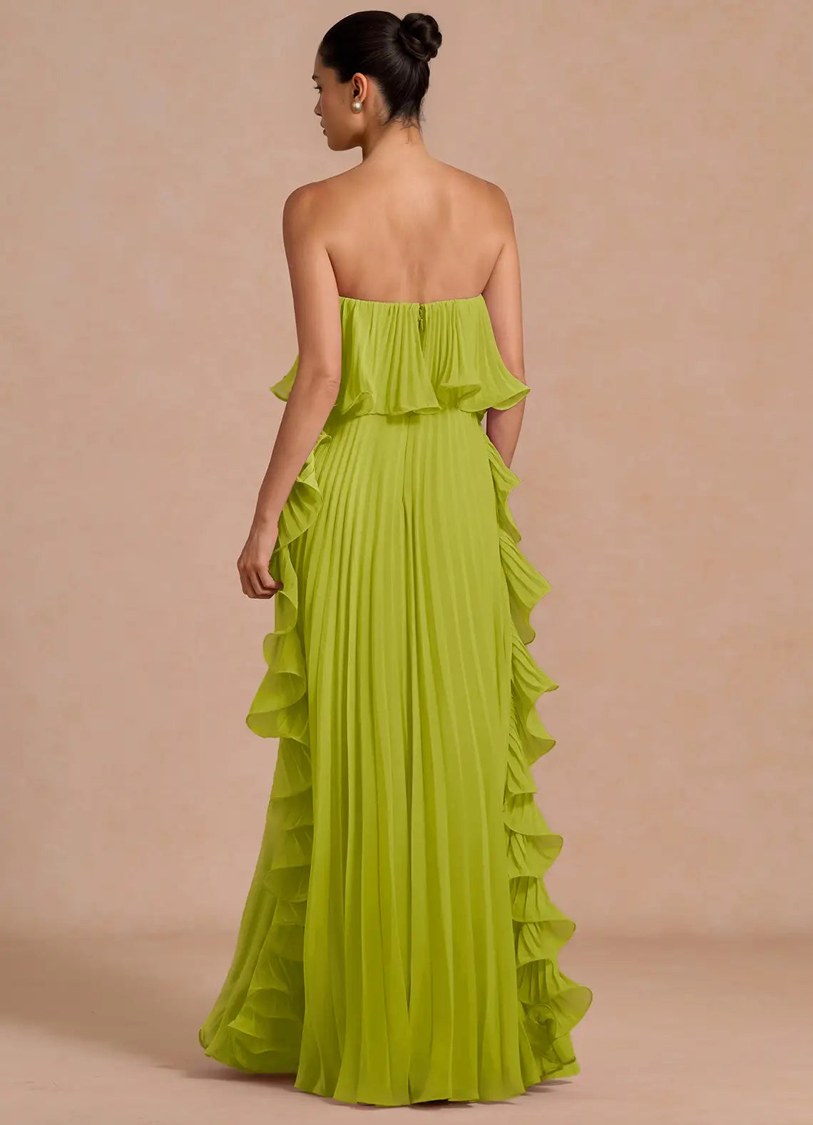 Lime Strapless Ruffle Overlay Pleated Chiffon Maxi Bridesmaid Dress