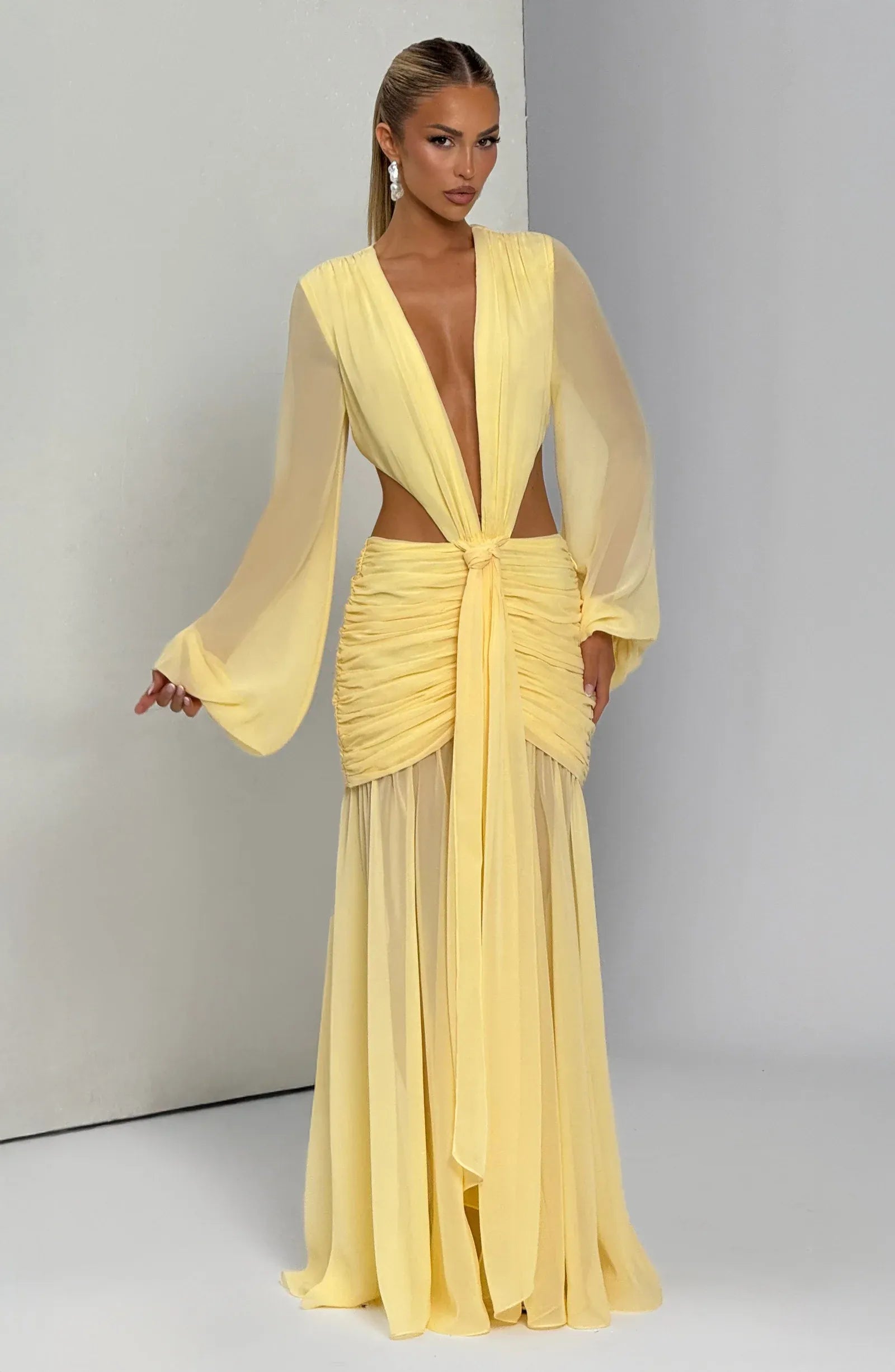 Long Bell Sleeve Deep V Cut Out Waist Tie Front Chiffon Pale Yellow Maxi Wedding Guest Dresses